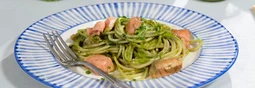 Spaghetti with salmon and basil & lemon pesto