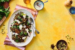 Melanzani mit Linsensalat, Rosinen, Joghurt, Sumach und Pistazien