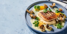 Hake with citrus fruits and clams