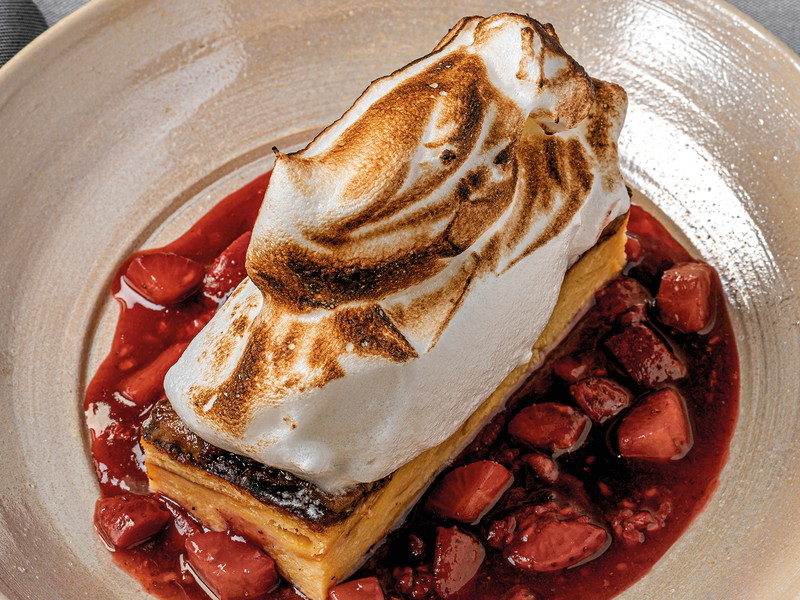 Brioche-Meringue Pudding with Strawberry and Rhubarb Compote