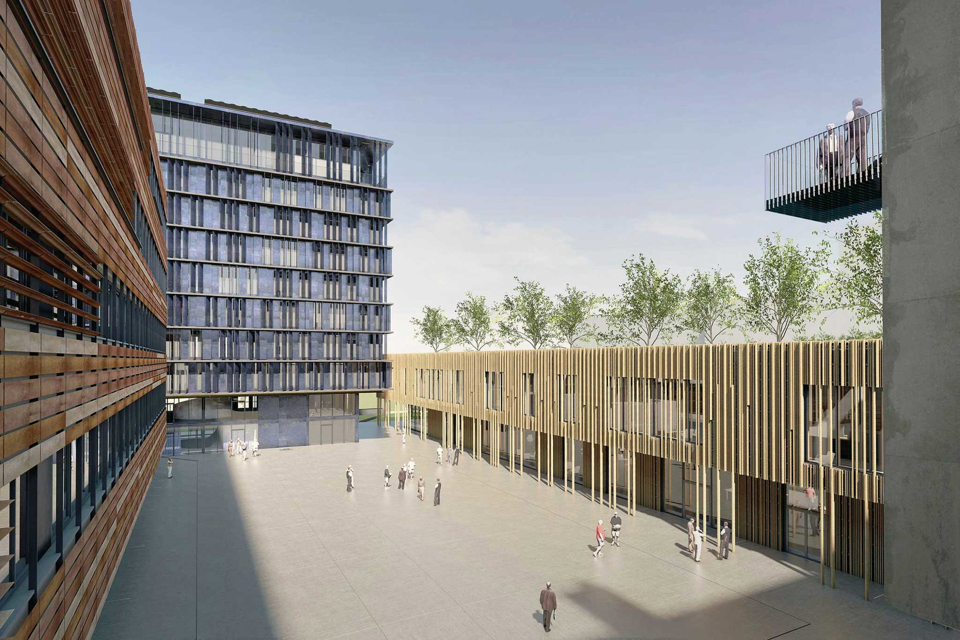 Med Campus, Linz Ein neuer Uni-Campus in der Innenstadt für die Medizinische Fakultät wird zu einem Treffpunkt und Teil der Stadt, Cafés und Einkaufsmöglichkeiten inklusive. Die vier vom Büro LORENZATELIERS entworfenen kantigen Quader bekommen unterschiedliche bewegliche Fassaden, die aufeinander und auf die Stadt reagieren: Fassade als Kommunikation.&nbsp;lorenzateliers.at