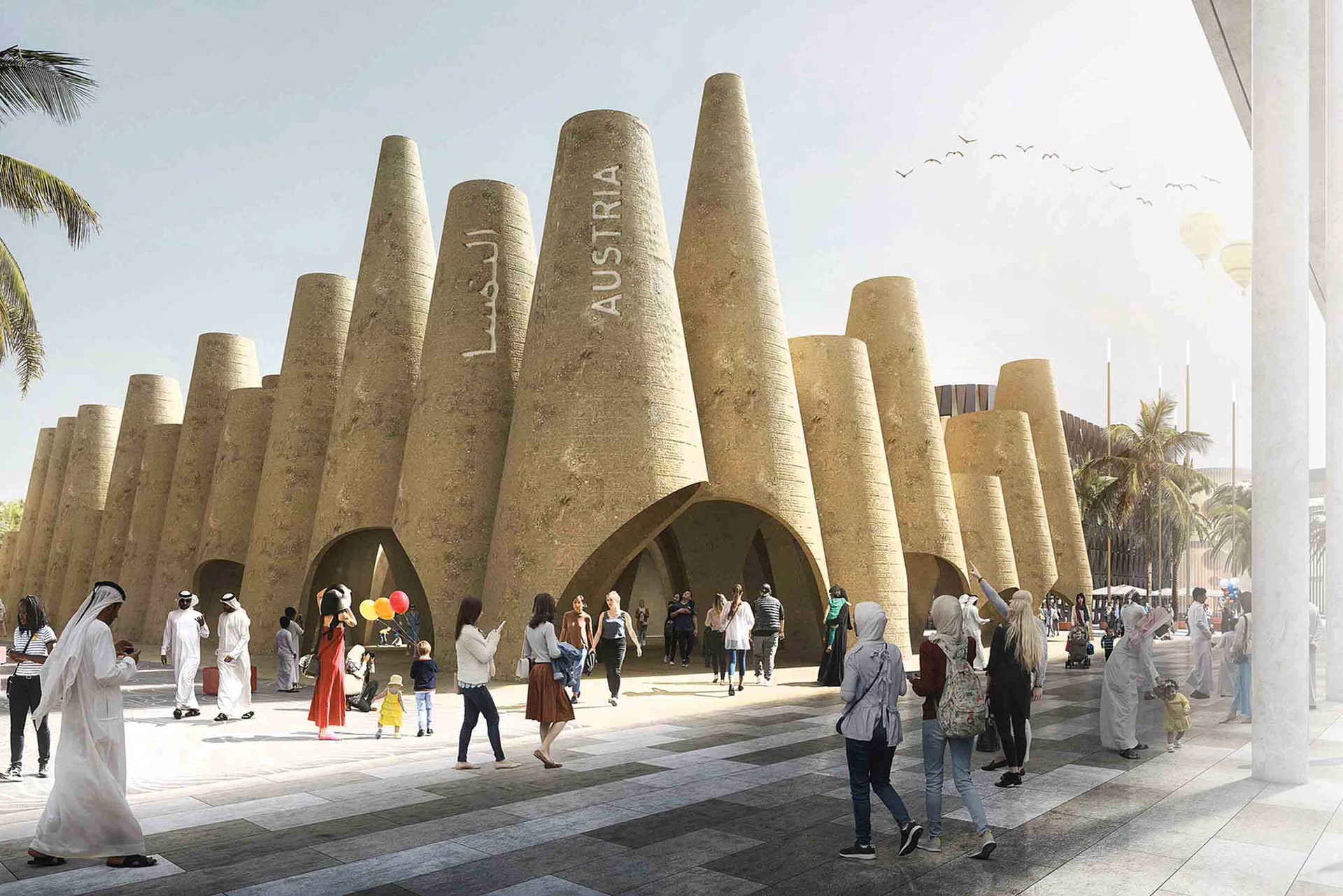 Der Österreich-Pavillon auf der World Expo in Dubai 2020 soll ganz ohne zusätzliche Klimatisierung auskommen. Querkraft Architekten bauen 67 unterschied-liche Kegelstümpfe aus Sand und Lehm&nbsp; mit bis zu 15 Metern Raumhöhe. Die Errichtungskosten belaufen sich auf 5,5 Millionen Euro. querkraft.at
