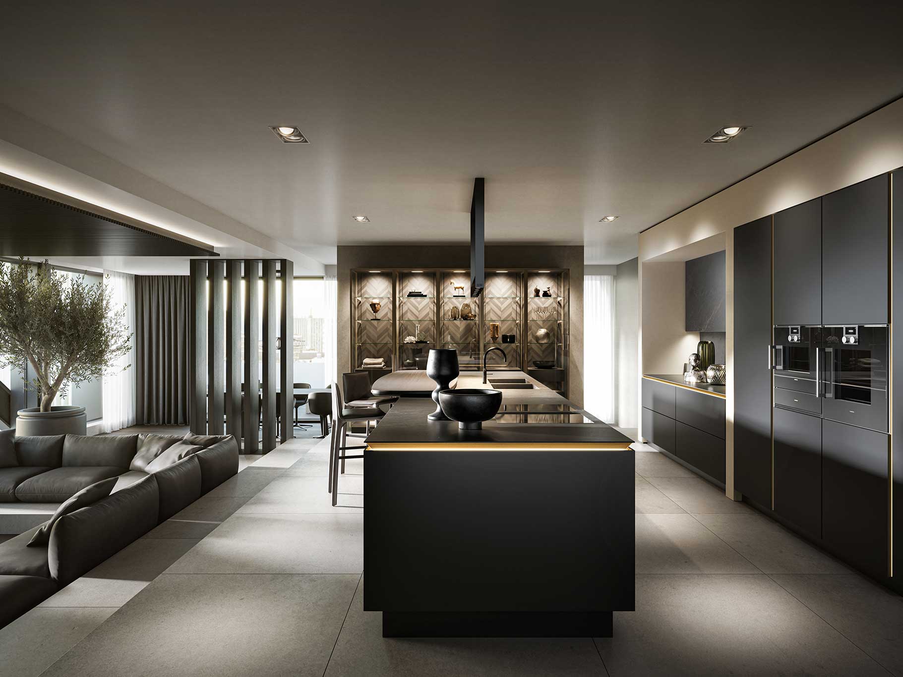 Die »SLX Pure« wurde mit dem Iconic Award 2020 für innovatives Interior ausgezeichnet – und das, obwohl das Jahr noch so jung ist.&nbsp;Wandvertäfelungen in dunklem Fischgrätmuster zeugen von Detailverliebtheit. siematic.com