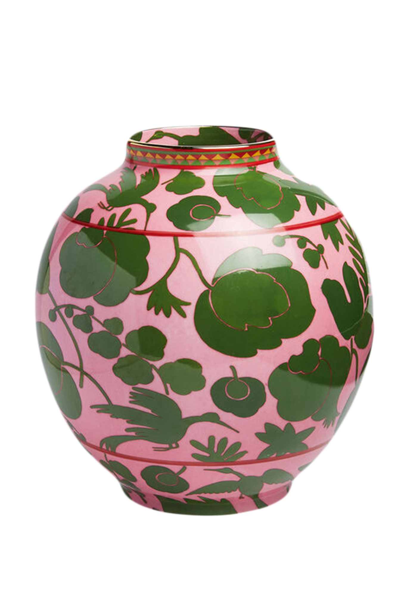 Die Bubble-Vase »Wildbird Rosa« stammt aus der historischen Porzellan-Werkstätte Ancap in Verona. Mit 18-Karat-Goldrand und Vintage-Archivmuster. ladoublej.com