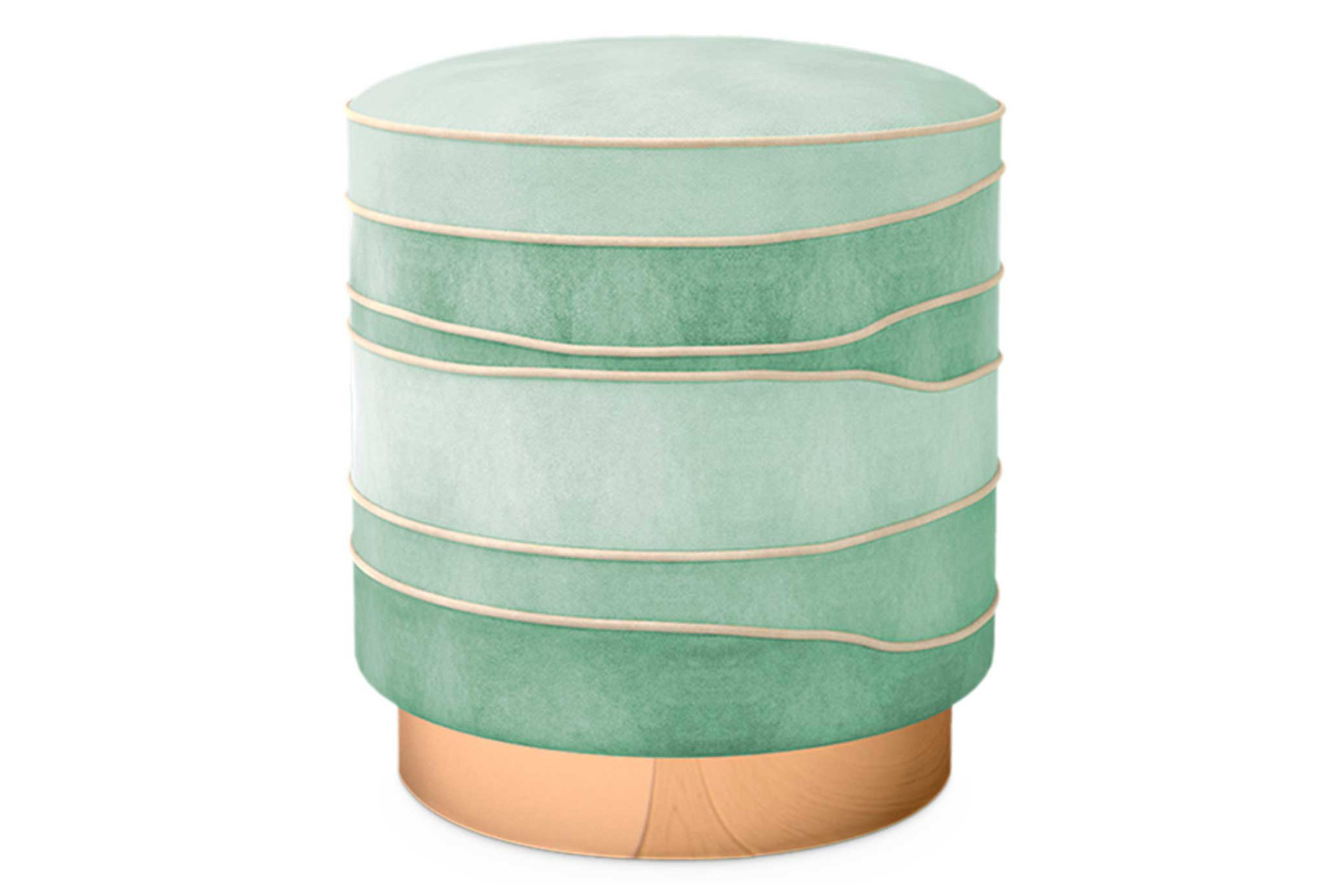 Schicht für Schicht Sechs Streifen Baumwoll--samt überlagern sich zum erfrischenden Design »Charisse Stool«. Ein Mid-Century-Möbel mit Wow!-Base aus Messing. ottiu.com