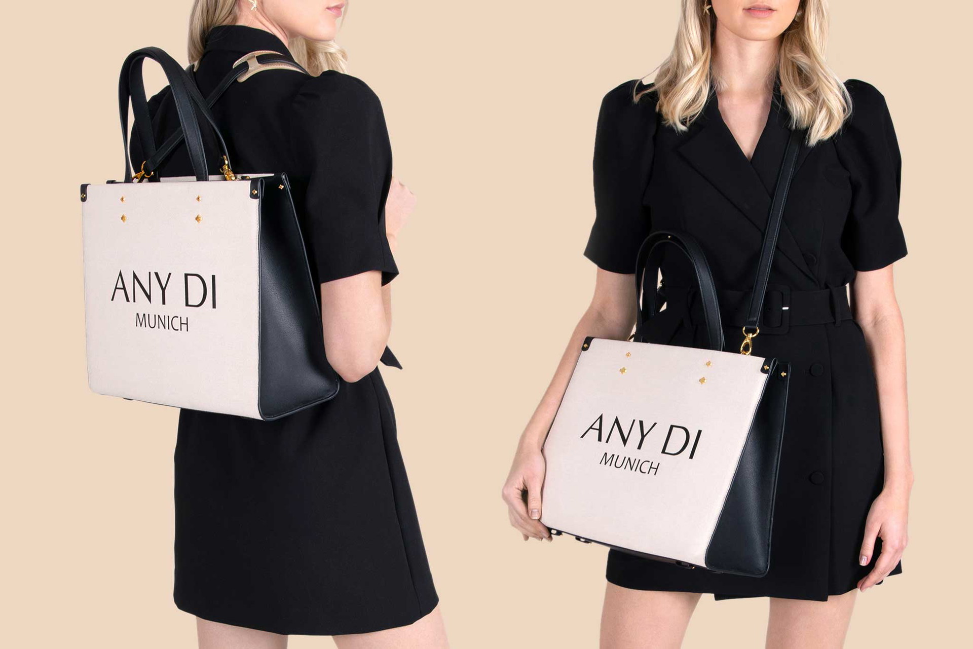 Tote Bag M Black Sand&nbsp; Ein zeitloser Canvas-Klassiker, der nie aus der Mode kommt: Die ANY DI Tote Bag M Black Sand wertet jedes Outfit im Nu auf und vereint kompromisslose Funktionalität mit einem femininen Stil. Aufwendig eingearbeitete Lederelemente geben der kompakten Tasche zusätzliche Stabilität und ergänzen sich ideal mit dem beigefarbenen Baumwollstoff. Das dezent platzierte ANY DIamond Emblem in goldplattierter Fassung wirkt in Kombination mit den beiden Naturmaterialen besonders edel und sorgt für ein luxuriöses Finish.&nbsp;any-di.com