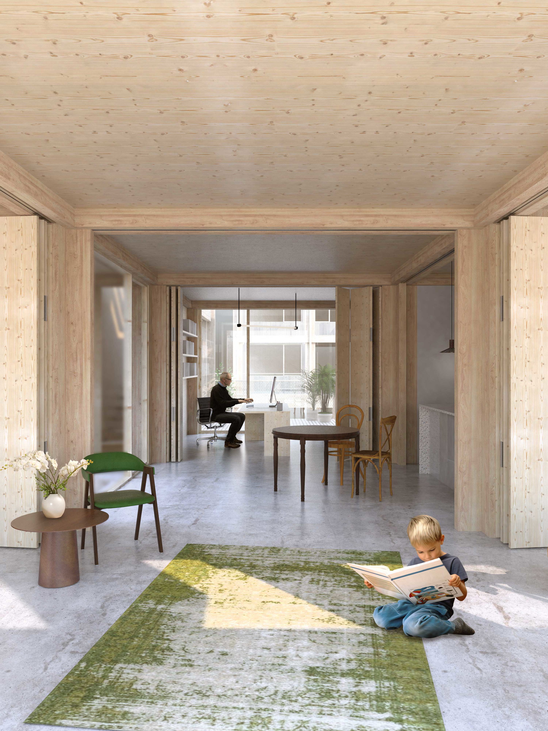 Wohnkonzept »Aula Modula«, Paris: Allein sein, mit der Familie wohnen und zwischendurch ungestört im ­Homeoffice arbeiten? In der »Aula Modula« von Studio Belem soll all das mit wenigen Handgriffen möglich sein. Mal gleichen die Wohnungen offenen, großzügigen Lofts, mal können die Räume mit wenigen Hand­griffen zugeschoben und zugeklappt werden. Die Wohnungen bestehen wahlweise aus fünf, sieben oder neun Raummodulen und umfassen auf diese Weise 75, 105 oder 135 Quadratmeter.