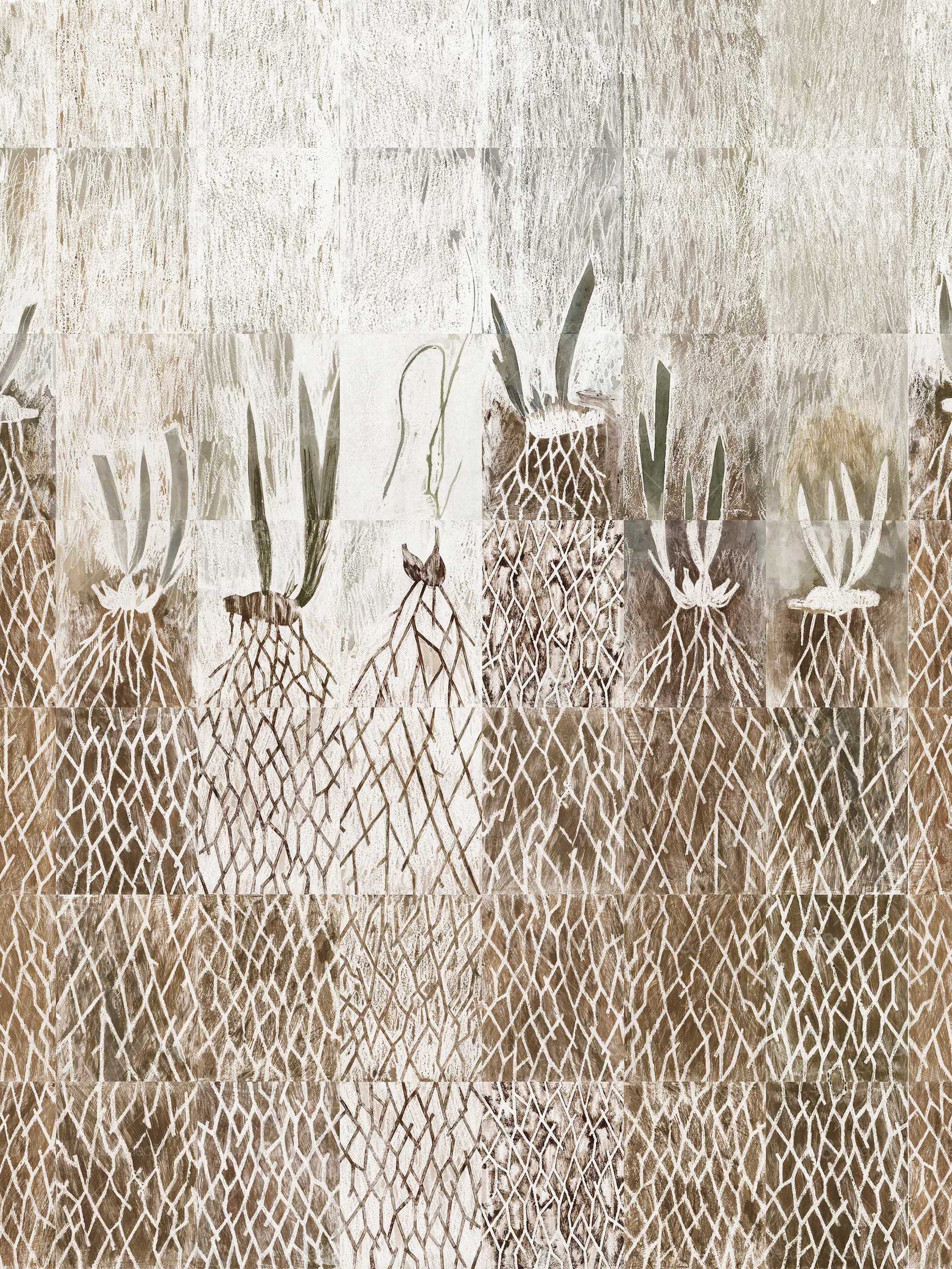 Back to the Roots: Gelungen: Das Wallpaper »WDBM2001« von Francesca Zoboli vereint abstrahierte Botanikmotive in Brauntönen mit einem geometrischen Look.