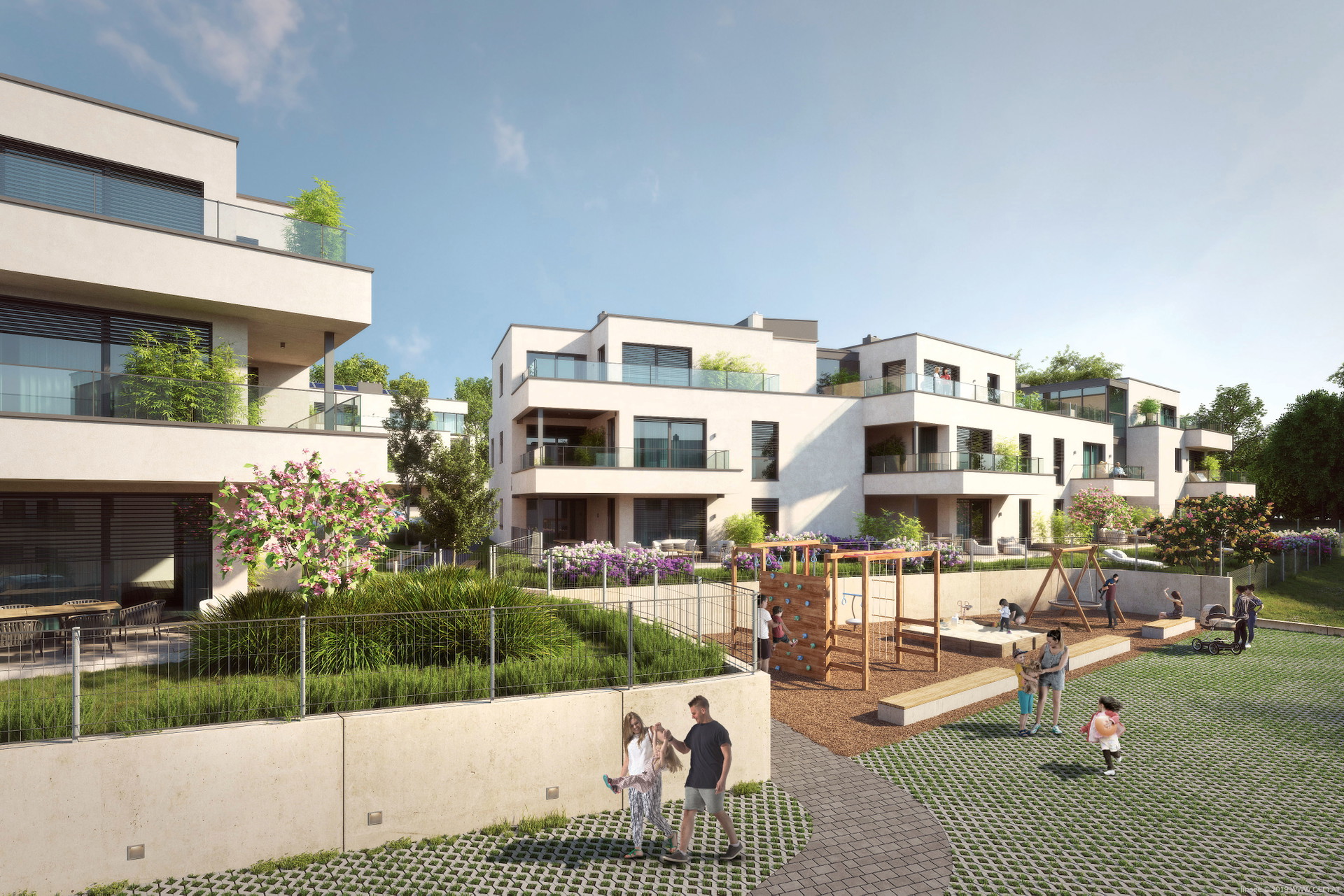 Asphaltfreie Zone: Zwischen den zehn Punkthäusern entstehen Wohnstraßen mit Parkplätzen und Spielbereichen. Anstatt die Flächen zu versiegeln, entschieden sich die Werkhof Architekten, großflächig Pflastersteine und Rasengittersteine zu verlegen. weingartensiedlung.at