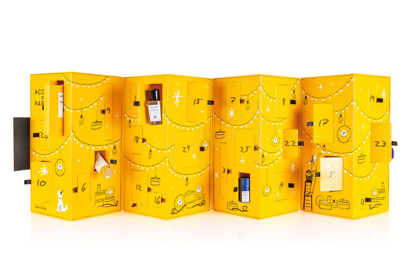 Auf den ersten Blick ähnelt der Adventskalender der ikonischen Hutschachtel von Acqua di Parma, doch einmal geöffnet, verwandelt er sich in ein leuchtendes, italienisches Zuhause. Unser ikonisches Sonnengelb wird mit den leuchtenden Illustrationen des chinesischen Künstlers Oamul festlich gestaltet. Hinter den einzelnen Türchen wartet das gesamte Universum von Acqua di Parma -&nbsp;von Colonia bis Blu Mediterraneo, von Le Nobili bis zu den kostbaren Düften von Signatures of the Sun und der Home Kollektion. Zum Schluss darf man sich am&nbsp;25. Dezember noch über eine besondere Überraschung freuen.&nbsp;Kostenpunkt: 420&nbsp;Euro. Erhältlich bei: ludwigbeck.de
 