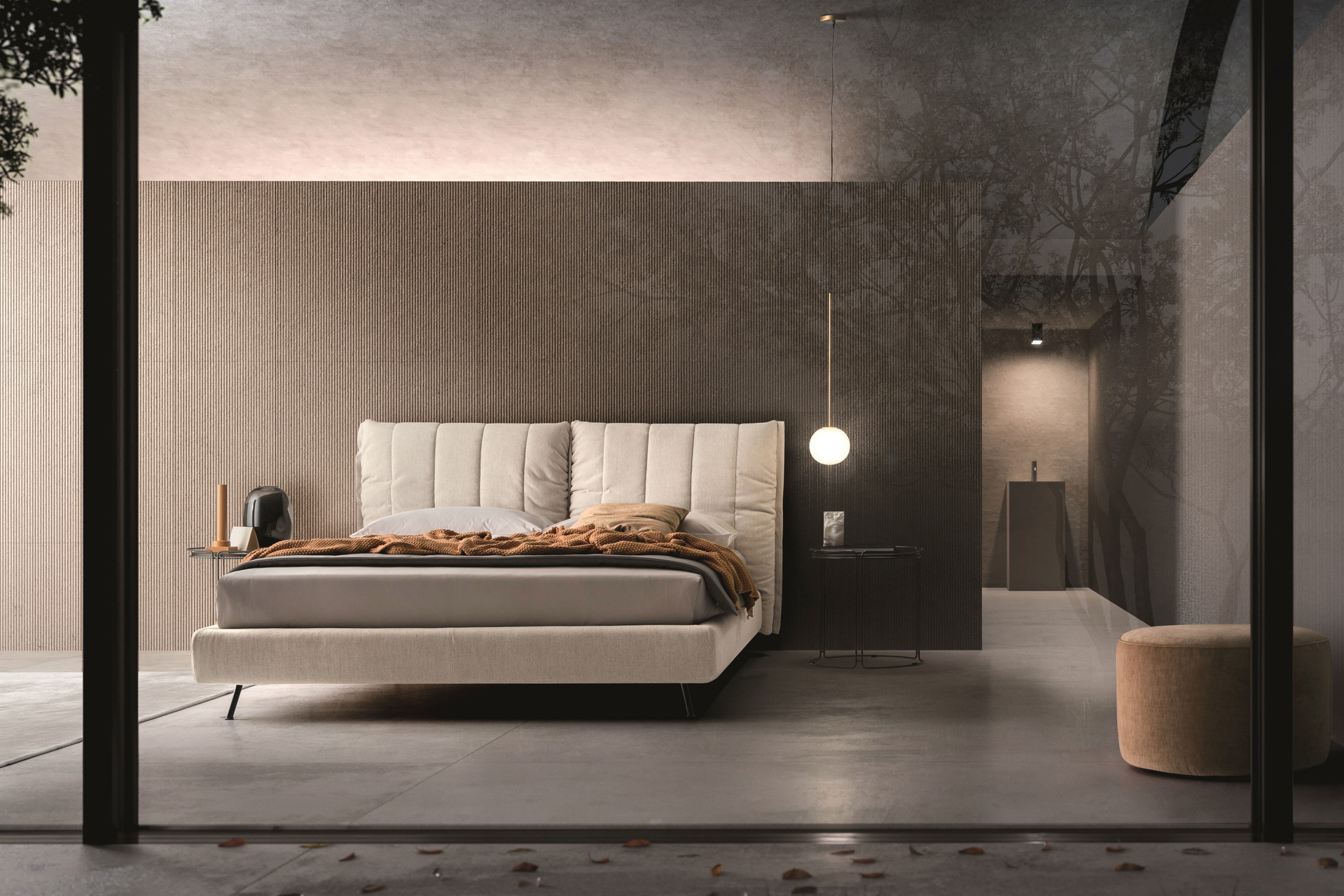 Hygge-Aspekt: Erdige, ruhige Farbtöne und Naturmaterialien liegen im Trend, wie bei diesem Schlafzimmer der Marke Ditre Italia, die lange Erfahrung in der Fertigung von exklusiven Polstermöbeln hat.&nbsp;ditreitalia.com