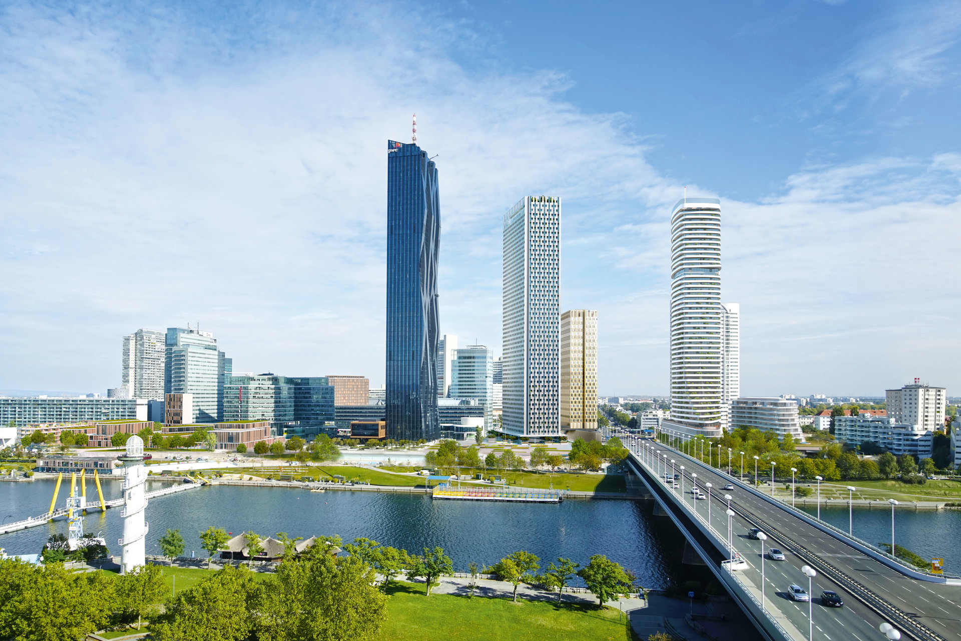 Vienna DC:&nbsp;Mit den Projekten »Danube Flats«, »DC3«, »DC2«, »DC Flats«, »DC Residential« und einem Innovations- und Bildungscampus werden die Bereiche Bildung, Arbeiten, Wohnen, Freizeit, Musik und Kinderbetreuung in einem Gesamtkonzept abgedeckt. d-city.info