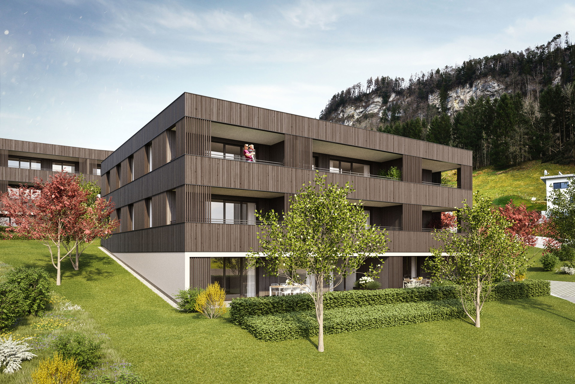 Panoramawohnen im Grünen: Mit dem Neubauprojekt »Am Schlosshang« entsteht in Feldkirch ein besonderes Ensemble. Es besteht aus sechs Baukörpern, die von weiten Grünbereichen umschlossen sind und sich architektonisch mit dem Schlosshang verbinden. In den sechs Häusern werden insgesamt 65 Wohnungen errichtet. Die 2- bis 4-Zimmer-Wohnungen bieten für jede Lebenslage den passenden Grundriss. zima.at
