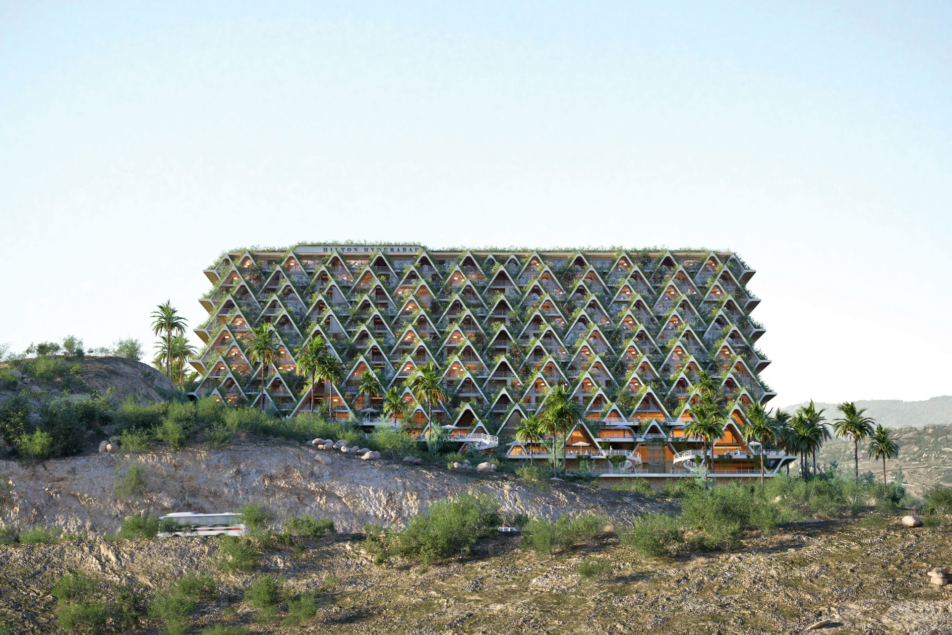 HILTON HOTEL, HYDERABAD:&nbsp;Das Salzburger Studio Precht dreht die Dienstleistung ins Gegenteil um: In Eigeninitiative entwickelt es innovative Projekte und nachhaltige Architekturansätze und macht sich damit auf die Suche nach einem passenden Investor. Bei diesem Projekt wurde das Studio fündig: Ein indischer Developer will den begrünten Terrassenberg nun realisieren und als »Hilton Hotel« mit 240 Zimmern führen. Baubeginn: Frühjahr 2021. precht.at
