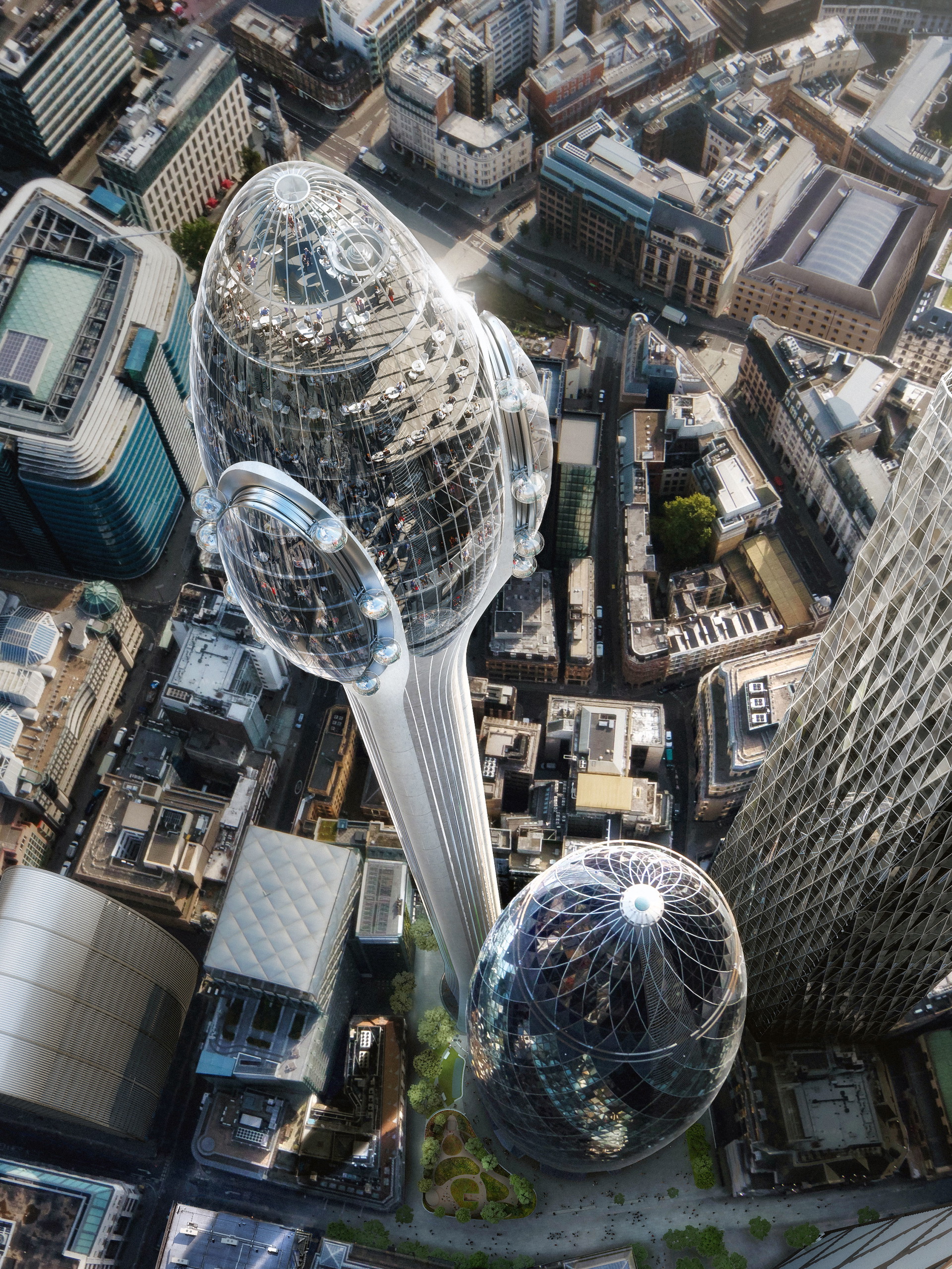 The Tulip: Es wäre zweifellos der bizarrste Neuzugang der Londoner Skyline geworden: Norman Fosters »Tulip«. Ein 305 Meter hoher Stängel, gekrönt von einer lustvollen Glasknospe – eine futuristische Fun-Attraktion mit Panoramablick, Gondelbahn inklusive. Als die Pläne 2018 bekannt wurden, reichten die Reaktionen von Spott bis Begeisterung. 2019 dann das vorläufige Aus: Bürgermeister Sadiq Khan sagte No zur Tulpe. Aber noch haben Foster und sein Milliardär Investor Jacob J. Safra die Hoffnung nicht aufgegeben. thetulip.com