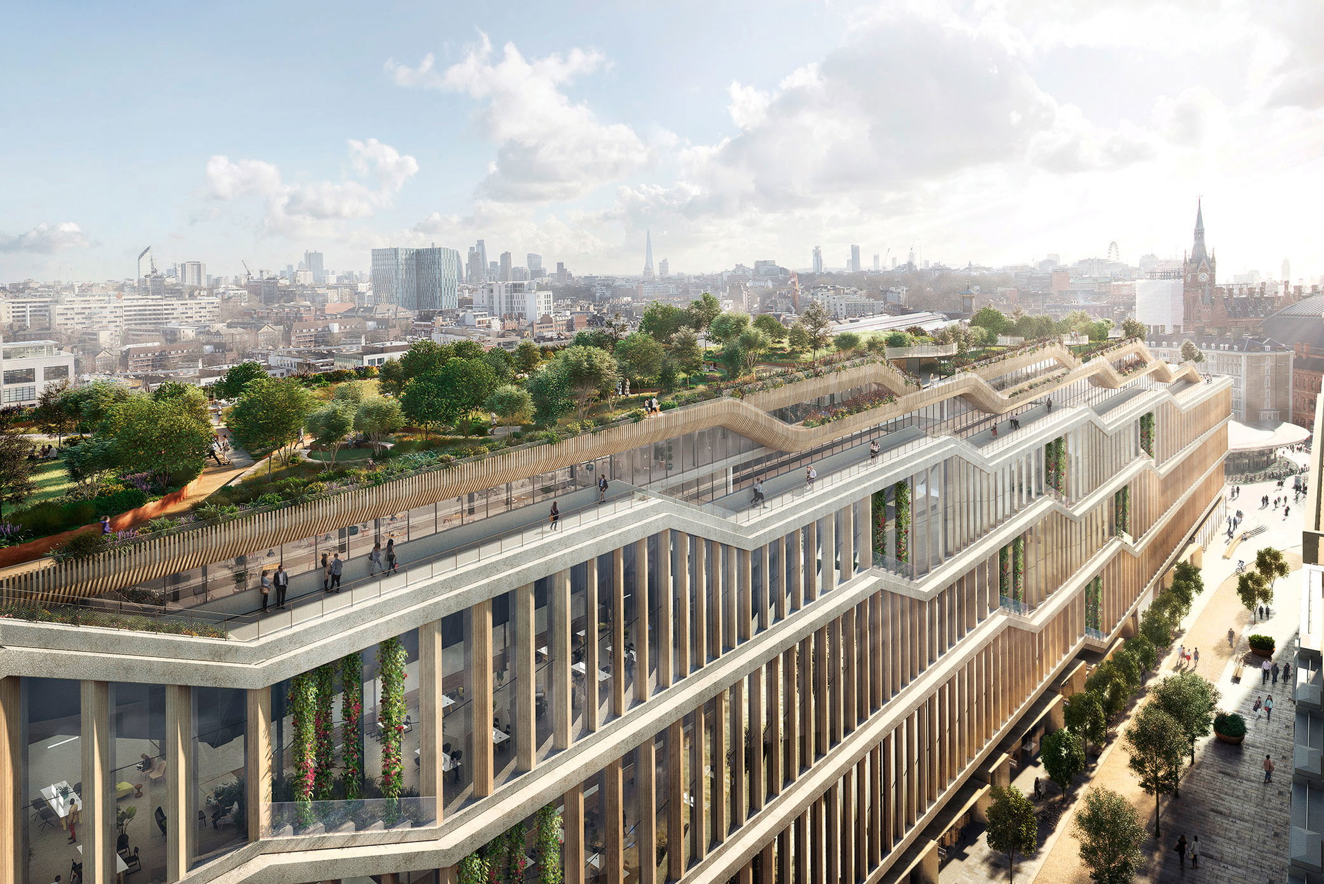 King’s Cross Google Campus: Keinen Wolkenkratzer, sondern einen »Groundscraper« entwickelte das Team von Bjarke Ingels und Thomas Heatherwick für diese Premium- Location am Bahnhof King’s Cross. Das Areal mit seiner quirligen urbanen Mischung gehört zu den erfolgreichsten Londoner Revitalisierungen der letzten Jahre, und der lang gestreckte Bau mit 60.000 Quadratmetern Fläche wird das letzte Puzzlestück: Wenn die Baustelle fertig ist, werden bis zu 7000 Google-Mitarbeiter hier einziehen. kingscross.co.uk