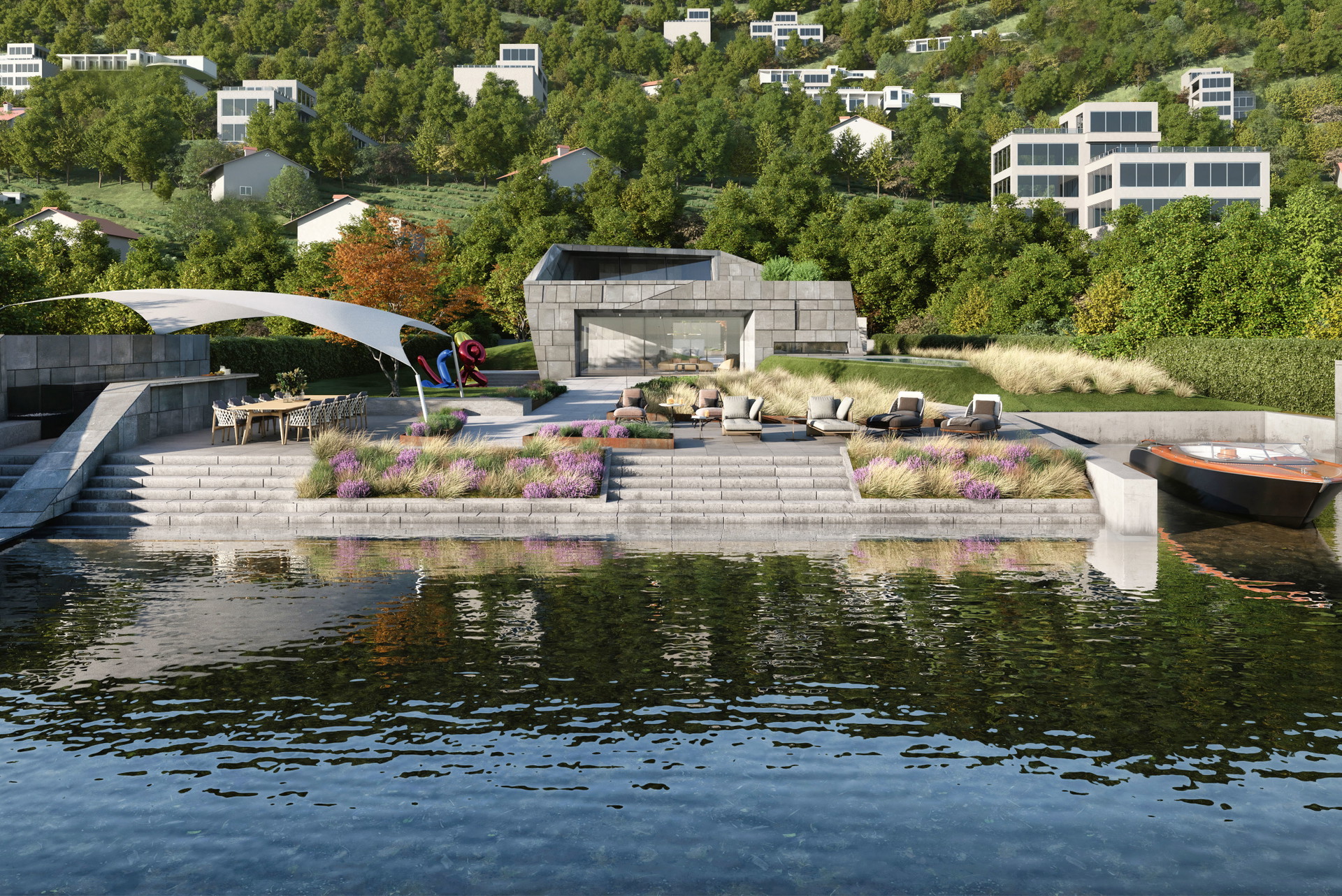 Freiräume im Kopf: Nicht jeder unleistbare Wohnwunsch muss sofort ins Wasser fallen: Fabio Giacobellos Wohntraum in Küsnacht am Zürichsee. Das Wunschhaus ist eingebettet in einen cleanen, straighten Garten mit wilden Gräsern und ausreichend Platz für ausgiebige Outdoor-Gelage.&nbsp;wunschhaus.at