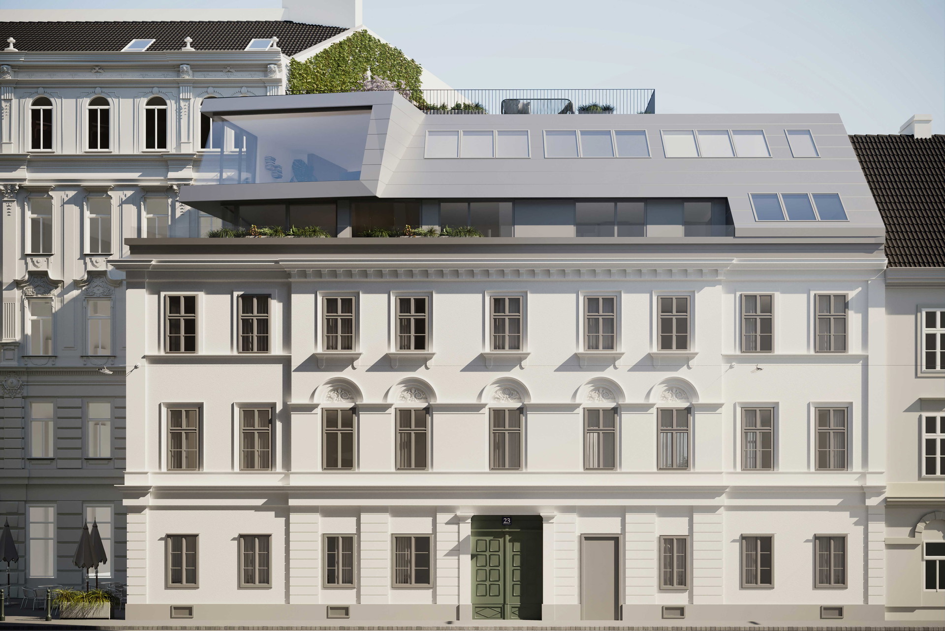 Glou Glou, Wien: Gründerzeit-, Jugendstil- und Biedermeierhäuser reihen sich im Wiener Servitenviertel besonders charmant aneinander. CROWND Estates baut hier eines der letzteren Gattung behutsam um und erweitert es durch einen Dachgeschoß-Aufbau. So kann der Bestand saniert und damit bewahrt und gleichzeitig eine höhere Dichte erreicht werden – was wesentlich für die Nachhaltigkeit einer Stadt ist. glouglou.at
