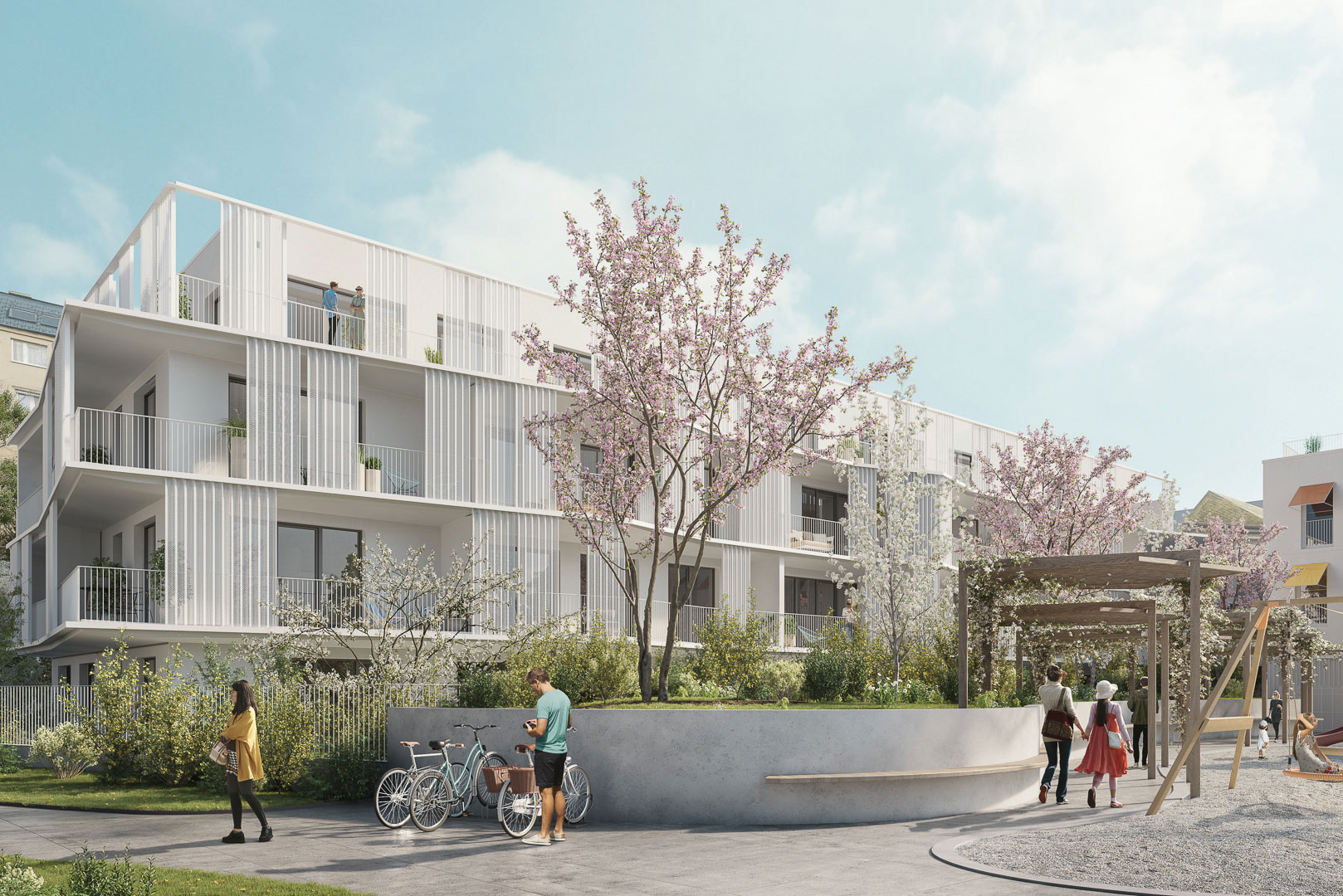 Kennedy Garden: Wohnen inmitten von Magnolien, Hortensien und Orchideen: In »Kennedy Garden« in unmittelbarer Nachbarschaft des Wienflusses errichtet die BUWOG 274 Eigentums- und 238 Mietwohnungen mit unterschiedlichen Stilen und Charakteren. Der durchgehende grüne Faden durch alle Bauteile ist der namensgebende, üppig bepflanzte Garten.&nbsp; kennedygarden.buwog.at