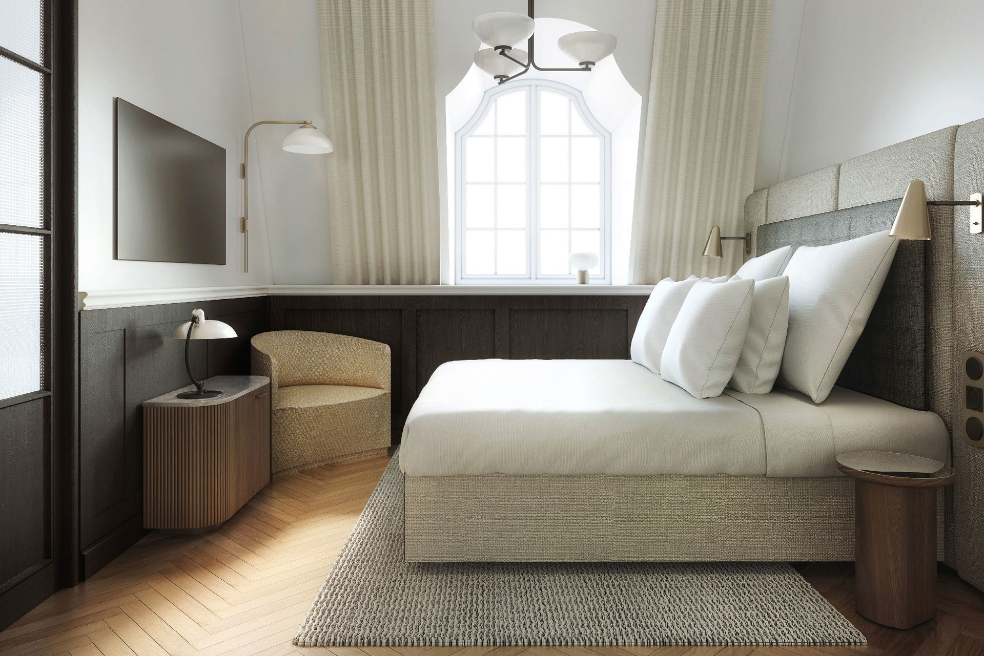 Ambiente: Fischgrätparkett, restaurierte Originalfenster, goldene Akzente und gedämpfte Farben – die Zimmer erinnern an eine elegante dänische Residenz.