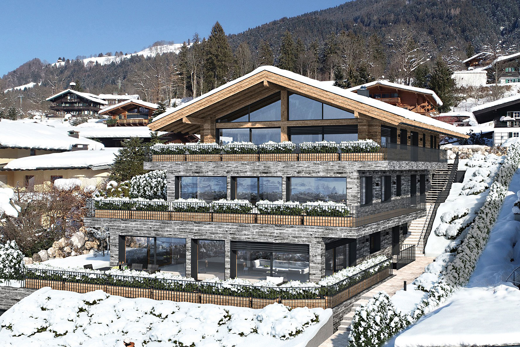 Sonnberg Lodges, Kitzbühel:&nbsp;Zwei der drei Apartments mit unverbaubarem Blick auf den Hahnenkamm sind bereits verkauft. Zu haben ist noch ein ebenerdiges Apartment, das durch die Hanglage erhöht wird und so keineswegs an Attraktivität verliert: Der Blick auf die Streif ist gesichert – doch er kostet! 4,49 Millionen Euro sind für die 257 m2 Wohnfläche zu berappen. Inkludiert ist eine Sauna, der Fitnessbereich im Keller wird mit den zwei anderen Parteien geteilt, dafür ist der Zugang aus dieser Wohnung innenliegend. Das Projekt befindet sich derzeit in Bau, die Fertigstellung ist für das späte Frühjahr 2021 geplant. marschall.at