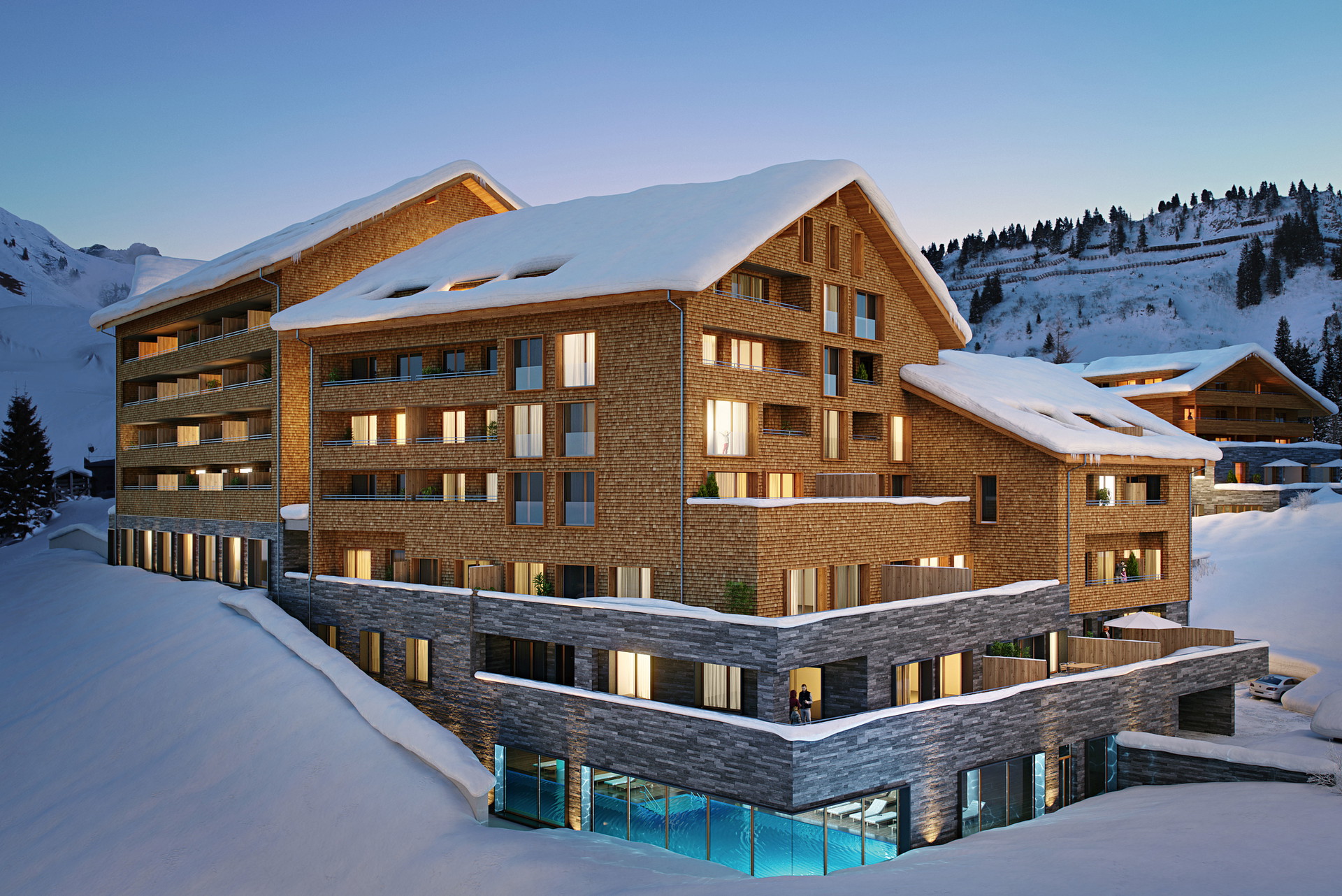 The Heimat, Warth-Schröcken:&nbsp;Selten: Dass Apartments von einem Hotel serviciert werden, ist in der Stadt und am Meer schon recht üblich, in Skigebieten noch weniger. Das Projekt »The Heimat« am Arlberg dockt an die Infrastruktur des »doubleTree by Hilton« an. Somit können etwa der 1.000 m² große Wellness- und SPA-Bereich und das 200 m² große Alpen-Panorama-Pool mit beheizten Liegen für die Winterzeit mitbenutzt werden. Sobald die hier geplante Dorfbahn realisiert wird, heißt es dann sogar Ski-in/Ski-out direkt ab allen Apartments. theheimat.at