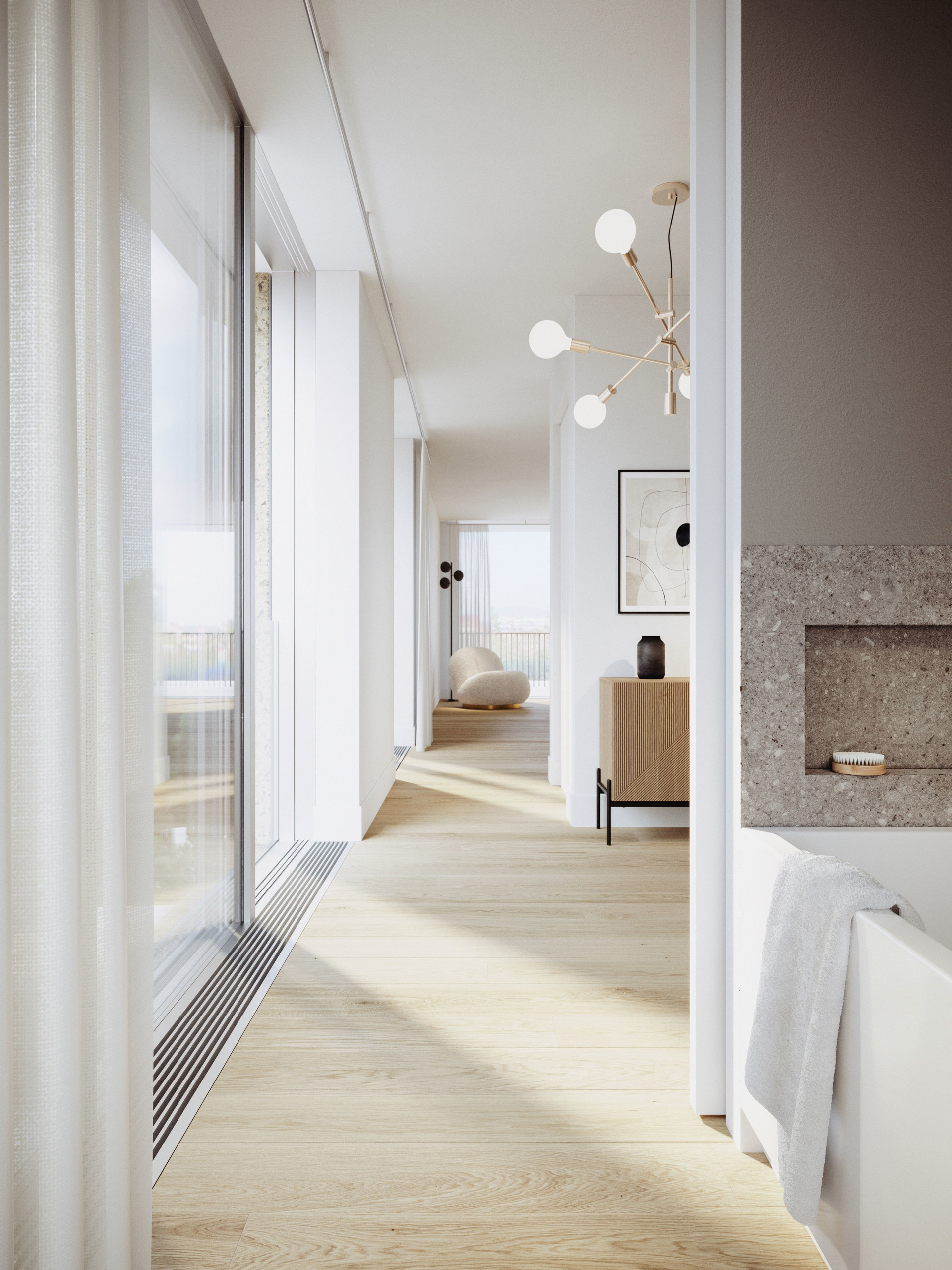 Minimalismus de luxe: Lichtdurchflutete, offen gestaltete Grundrisse werden mit hochwertigen Materialien optimiert. crowndbychipperfield.com