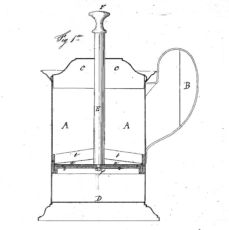 1852:&nbsp;Für den Vorläufer der French Press zeichnen die beiden Franzosen Mayer und Delforge verantwortlich. Ein metallenes Sieb, ein Gefäß, heißes Wasser, Kaffee – et voilà! Mehr brauchte es nicht für den Genuss des Heißgetränks.&nbsp;