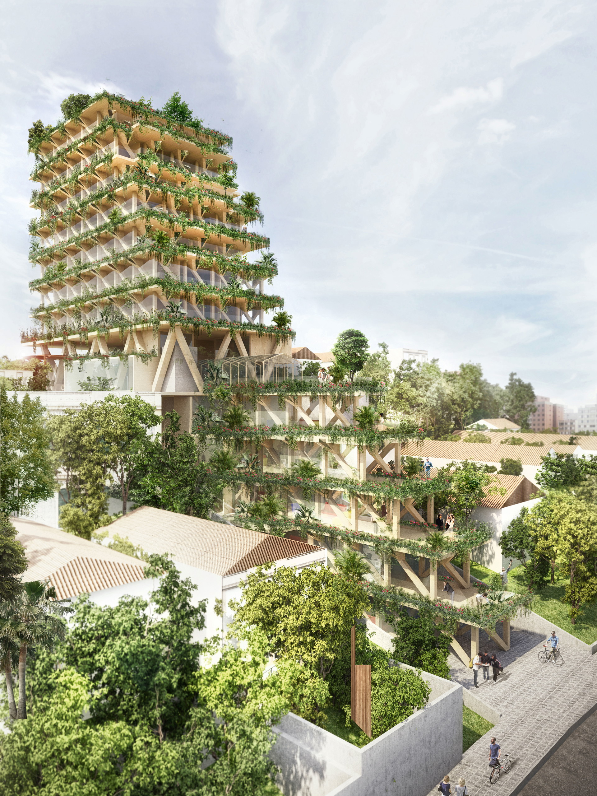 »Amata« in São Paulo, Brasilien: Auch die brasilianische Finanzmetropole São Paulo entdeckt allmählich die Gunst des nachwachsenden Rohstoffs Holz. Das Wohnhochhaus »Amata«, ein Kooperationsprojekt des Pariser Architekturbüros Tryptique und der Amata Forest Management Company soll die Vorzüge des Forstunternehmens in Form ästhetischer Architektursprache auf insgesamt 13 Wohnetagen zum Ausdruck bringen. triptyque.com, forestlegality.org