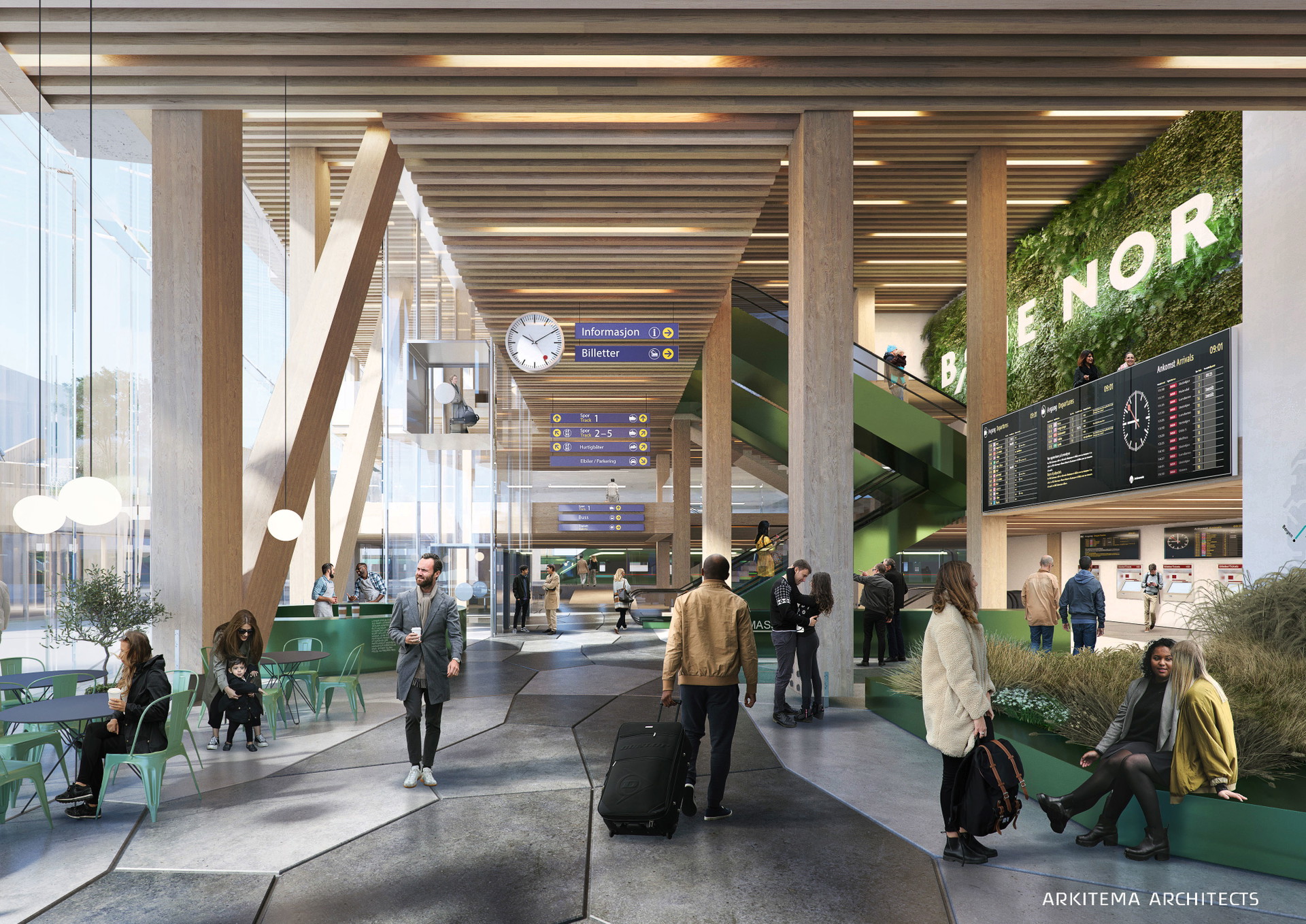 Bahnhof in Trondheim, Norwegen: »Die Stadt aus Holz« – so lautet Trondheims Vision. Arkitema Architects -ließen sich von diesem Motto inspirieren und entwarfen das neue Bahnhofsgebäude mit einem Tragwerk aus Holz. Damit ist der künftige Bahnhof nicht nur ein Transitraum, den man schnell durchschreiten und schnell wieder verlassen will, sondern eine Wohlfühloase mit Holzpfeilern und grünem Dschungel. Im Jänner wurde der siegreiche Entwurf erstmals der Öffent-lichkeit präsentiert. arkitema.com