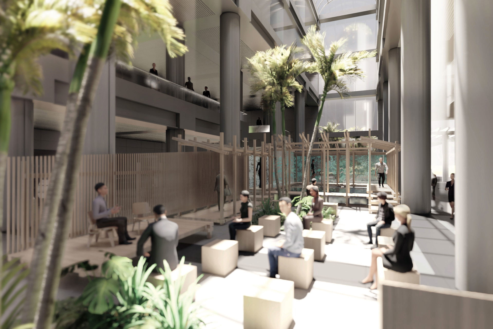 Soziale Nähe, physische Distanz:&nbsp;Das OWIU Design Studio mit Sitz in Los Angeles hat sich damit befasst, wie in Pandemiezeiten Lobbys und Pausenräume aussehen können. Grundlage dafür ist der »Plan Libre« von Le Corbusier. Innerhalb eines offenen, flexiblen Layouts können auf diese Weise unterschiedliche Möbel und&nbsp;Nutzungen implementiert werden. Dank&nbsp;Weite, Höhe und Luft soll dem Virus -das&nbsp;Leben schwer gemacht werden.&nbsp;owiu-design.com