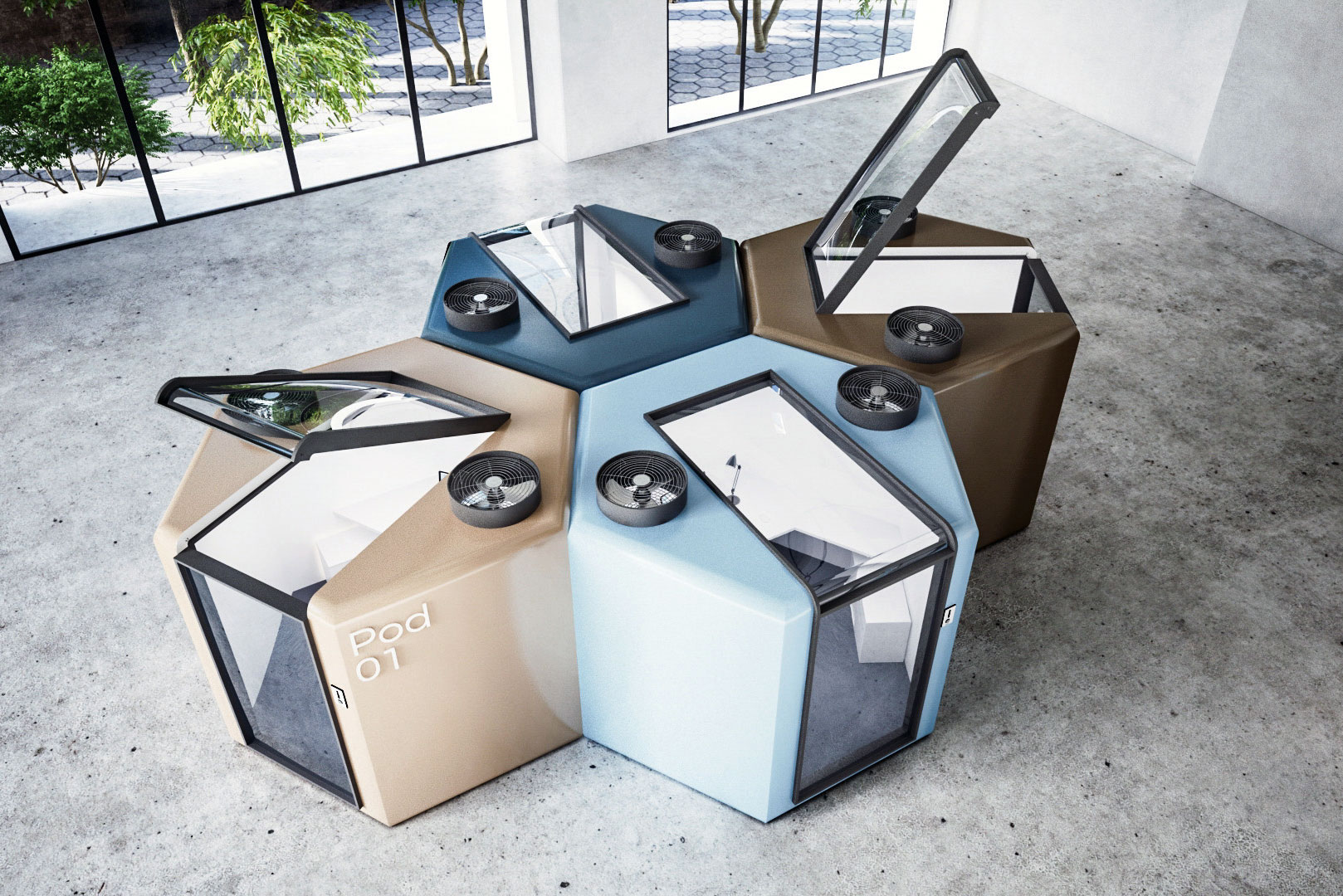 Arbeiten gegen das Coronavirus: Gemeinsam mit Architekten und Forschern der Arab Academy for Science and Technology in Kairo hat der ägyptische Designer Mohamed M. Radwan diese kleinen Working Pods unter dem Titel »Qworkntine« entwickelt. Wer konzentriert arbeiten möchte, kann sich dabei in diese akustisch und lüftungstechnisch isolierten Deep-Work- Kabinen zurückziehen – und sich darauf freuen, bald wieder die Glastüre aufklappen zu dürfen. mradwan.net, aast.edu