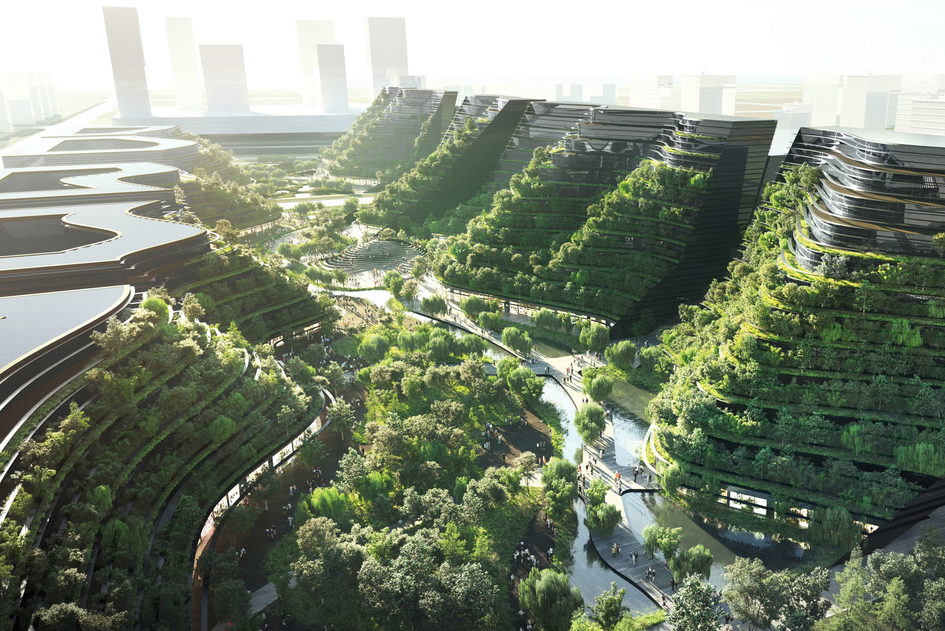 Die Entdeckung grünen Bauens In Fengxian soll eine ökologische und klimaneutrale Freihandelszone entstehen. Das 18 Hektar große Tal mit Wohnungen, Büros und Hotels soll begrünt und mit Wasserflächen bereichert werden.&nbsp;