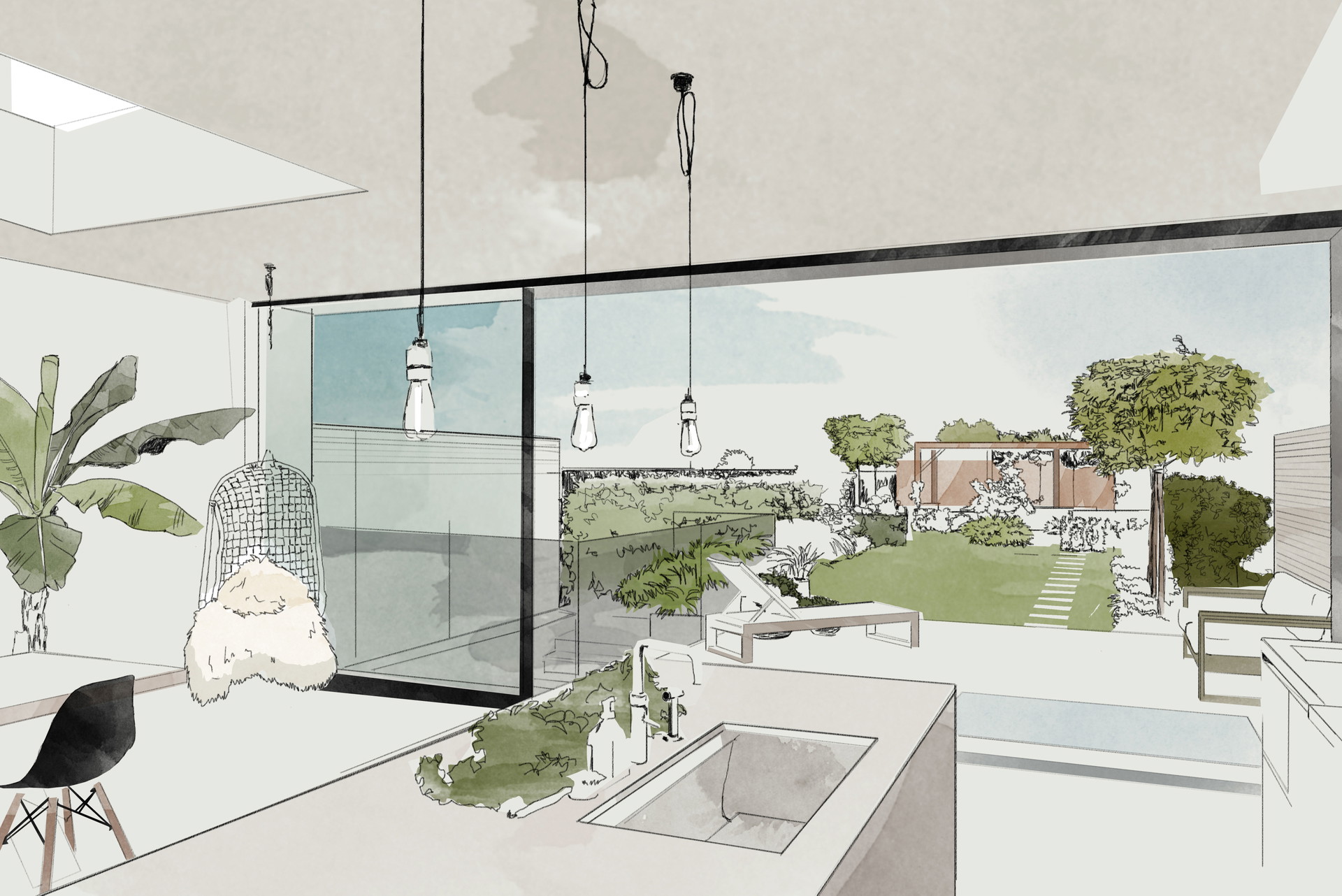 Innen und außen: Glasfronten und Schiebeelemente vergrößern optisch den Wohnbereich, und in der warmen Jahreszeit wird die Terrasse zum erweiterten Wohnraum.
