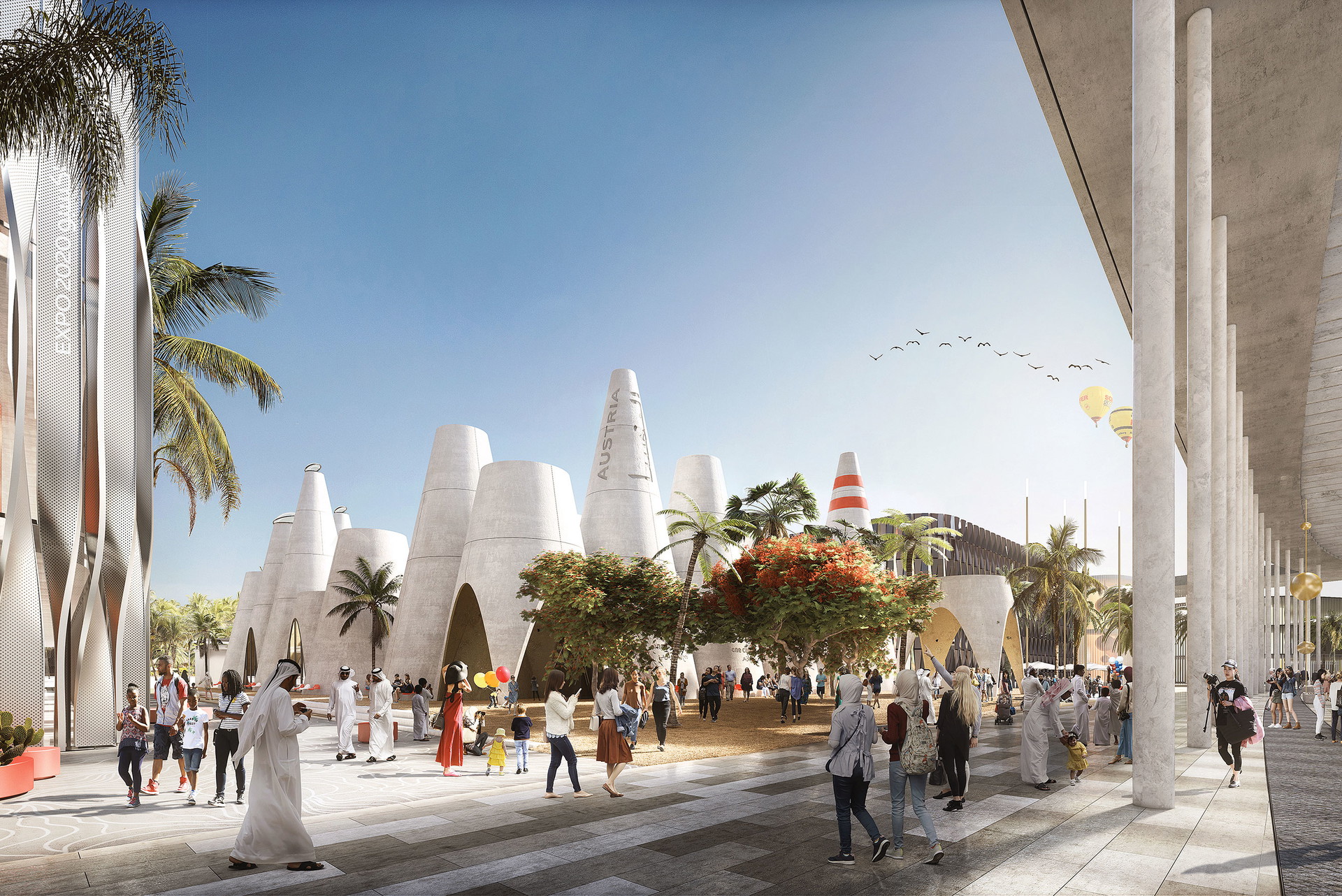 Kühle Kegel: Der österreichische Pavillon auf der Expo Dubai kombiniert archaische arabisch-archaische Windtürme mit zeitgemäßer Klimatechnik zu einem spielerischen Signal gegen die klimafeindliche Verschwendung. querkraft.at