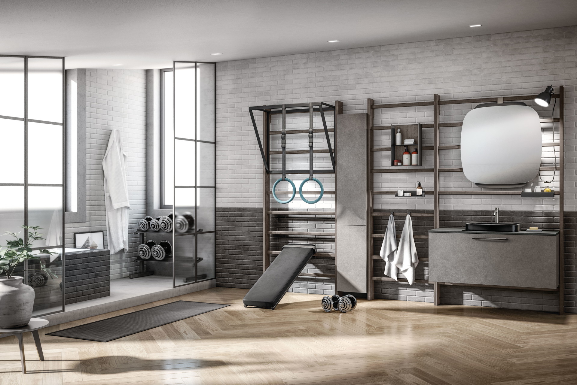 Heimtrainer: Der italienische Anbieter Scavolini macht aus dem eigenen Bad ein Gym, das Ästhetik und Funktionalität elegant verbindet. scavolini.de