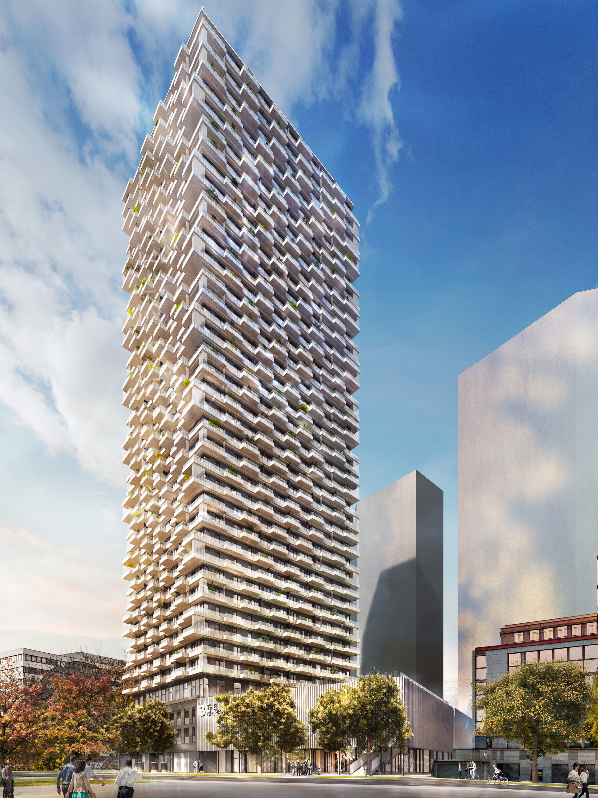 The Marks, Wien 3. Direkt neben der Autobahnauffahrt auf die A23 entstehen die drei Wohntürme Q Tower (ÖSW), Helio Tower (BUWOG) sowie das hier abgebildete Hochhaus The One (WBV-GPA und Neues Leben). Das Projekt in St. Marx ist nicht nur ein Mischmodell unterschiedlicher Bauträger, sondern vereint auch unterschiedliche Wohnformen auf einem Areal – von Mietwohnungen der Wiener Wohnbauinitiative über Serviced Apartments bis hin zu freifinanziertem Eigentum. Geplante Fertigstellung: Anfang 2023.&nbsp;oesw.at, the-one.at, helio.buwog.com