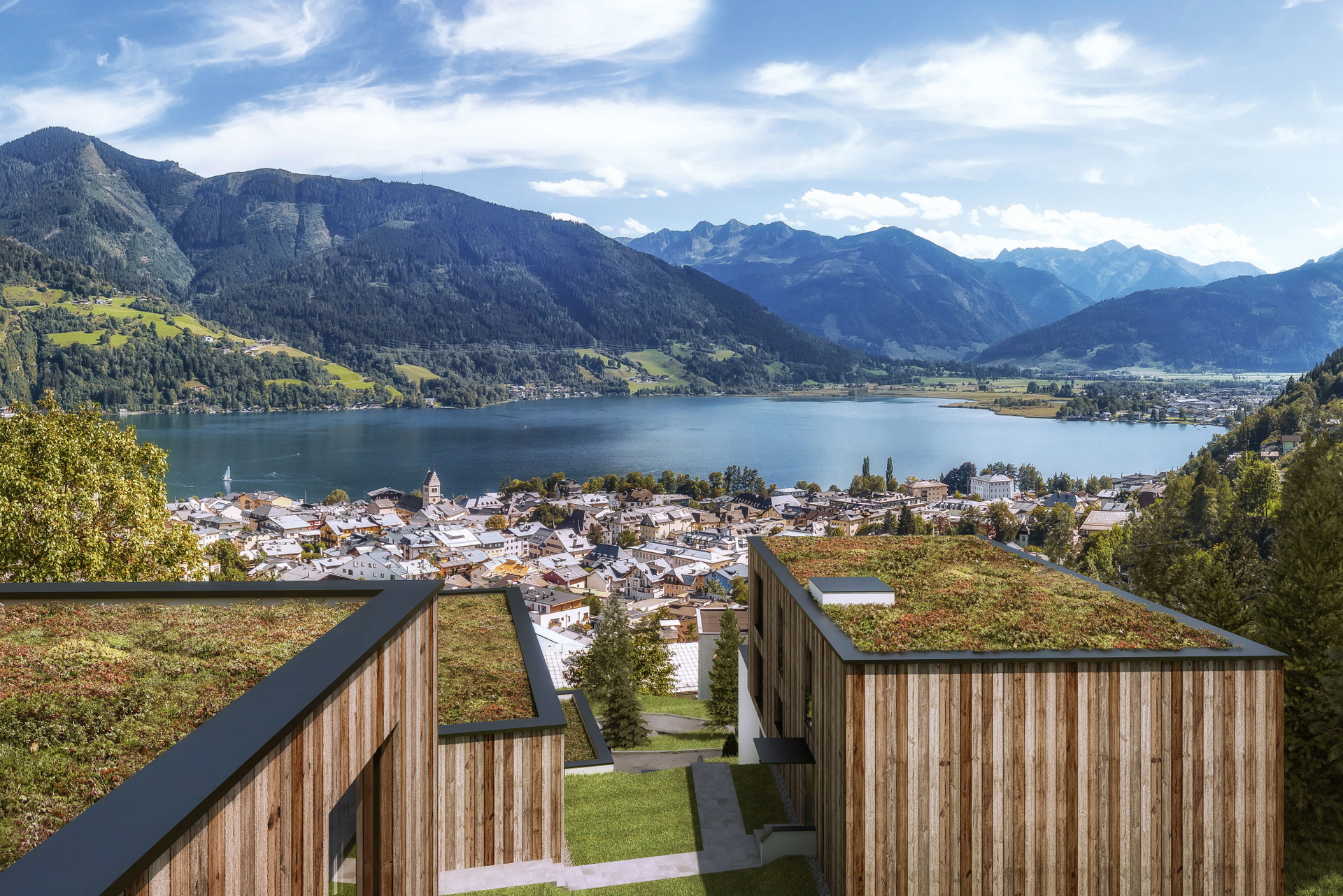 Privates Panorama: Unverbaubarer Fernblick von den Panoramic Wellness Suites Nikolaus by AvenidA in Zell am See. ferstl-immo.com
