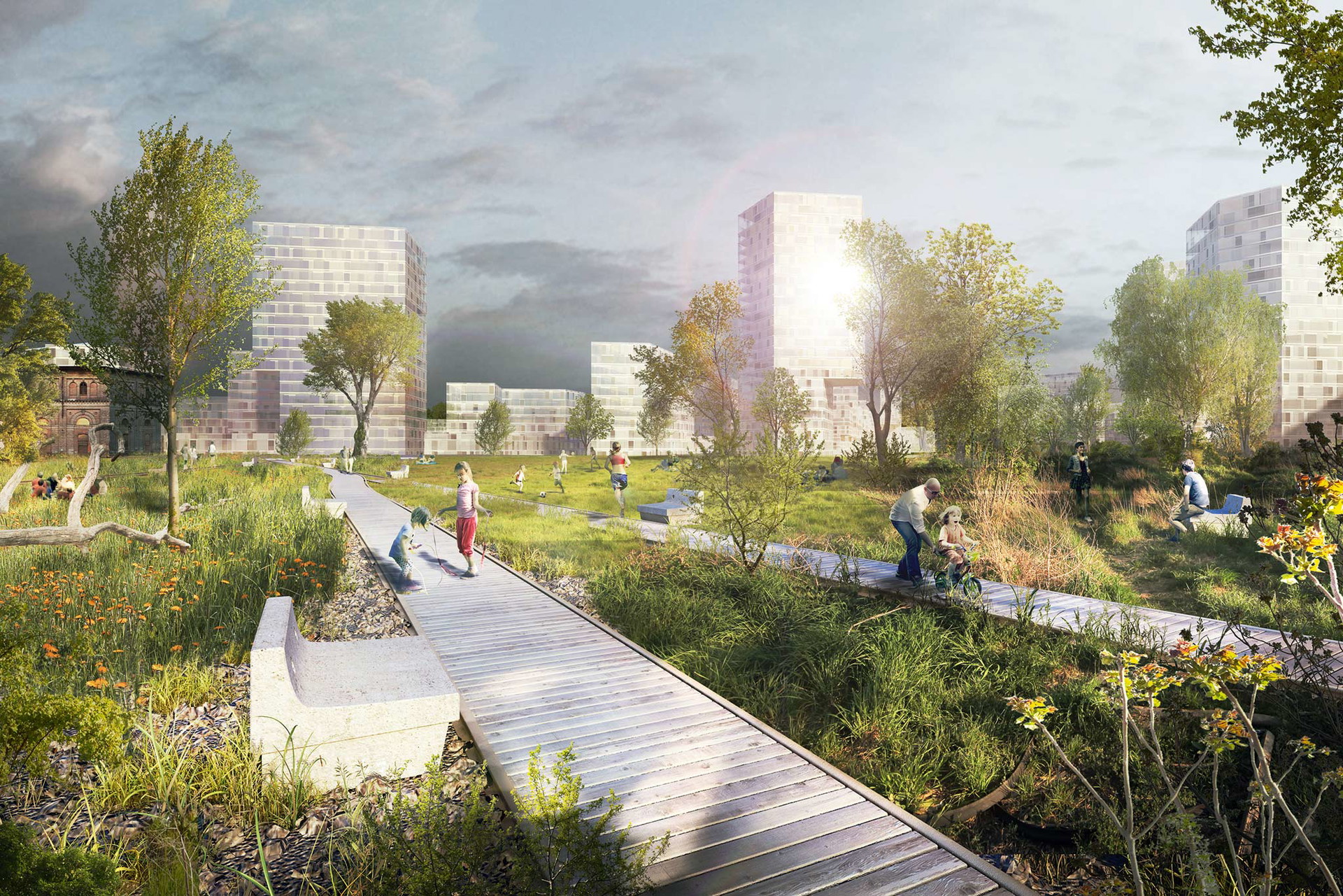 Freie Mitte Nordbahnhof, Wien Auch in Wien wird der Stadt Grünraum abgerungen. Auf dem Areal des Nordbahnhofs, auf dem früher Güterzüge hin und her rangiert wurden, entsteht zurzeit eine Wohnsiedlung für viele tausend Menschen. Der Masterplan des Studio Vlay Streeruwitz sieht vor, die Wohnhäuser dicht zu bündeln und miteinander zu verweben. Im Zentrum aber soll die historische Gstätten als zwölf Hektar große Stadtwildnis erhalten bleiben. Fertigstellung bis 2025. www.vlst.at, www.stadtwildnis.wien