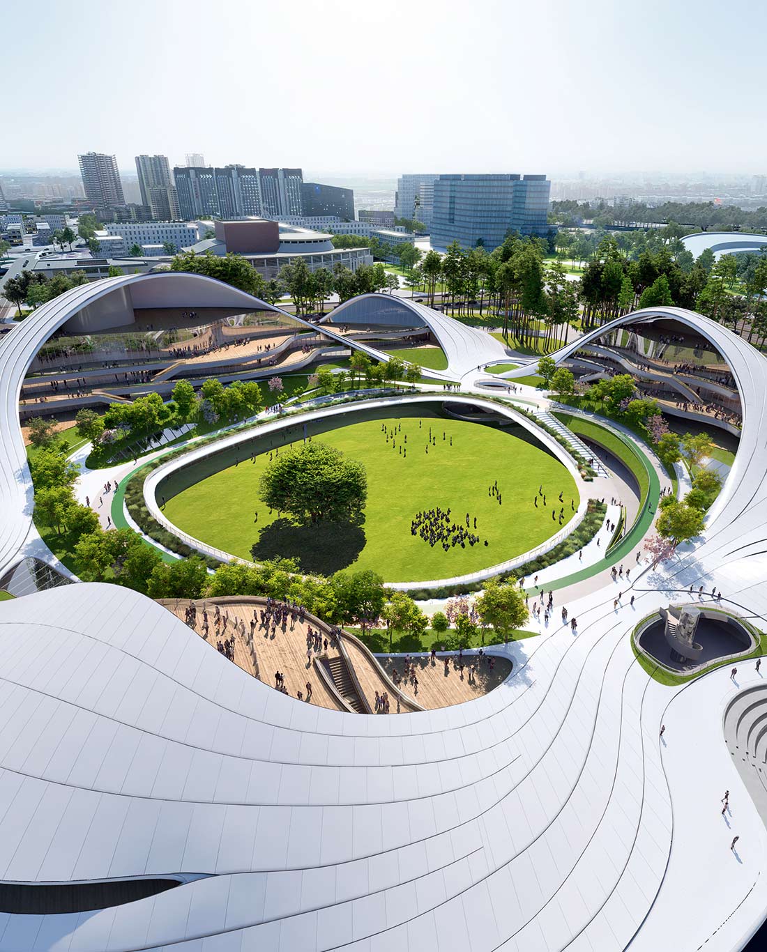 Jiaxing Civic Center, China Jiaxing, auf halber Strecke zwischen ­Shanghai und Hangzhou, errichtet derzeit ein Civic Center mit Sport-, Freizeit-, ­Jugendzentrum und einem Wissenschafts- und Technologiemuseum. Herzstück des Stadtentwicklungsprojekts ist ein grüner Park mit Amphitheater, kaskadenförmiger Terrasse und einem 350 Meter langen Landschaftskorridor zum Joggen. Oder, wie Ma Yansong vom chinesischen Büro MAD Architects sagt: »Wir haben einen wellenförmigen Ring geschaffen, der den Einwohnern als gartenähnliches Wohnzimmer dient.« www.i-mad.com