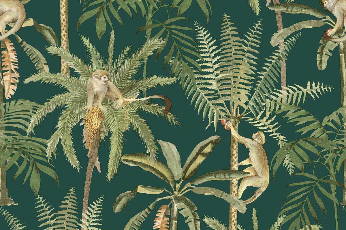 Urlaubsstimmung Ein tropischer Regenwald, Palmen, Kokosnüsse und Äffchen,&nbsp;die sich von Liane zu Liane schwingen. Wenn das nicht Sommerlaune ins eigene Zuhause&nbsp;holt ...&nbsp;worldofwallpaper.com