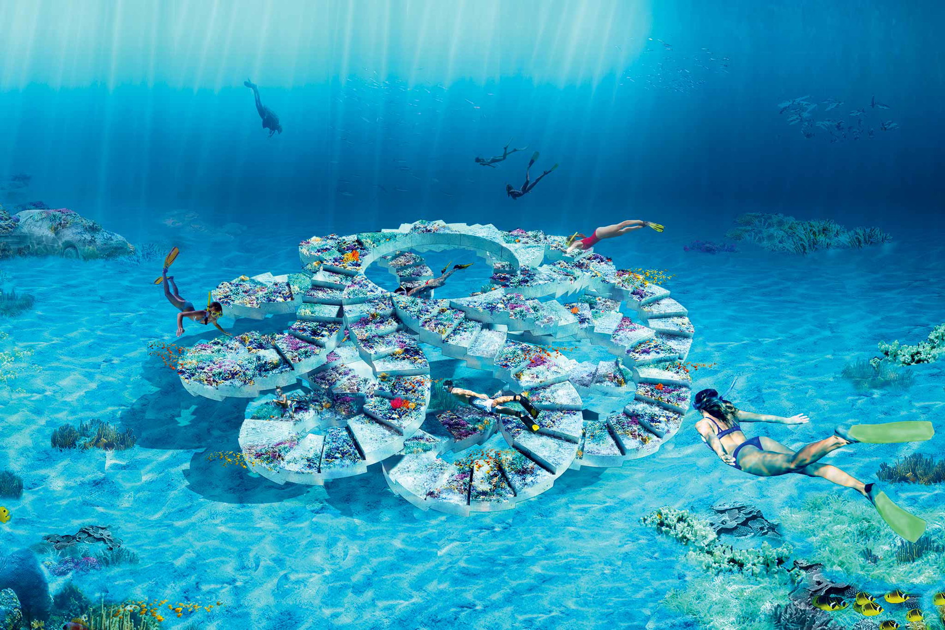 Submarine Architektur&nbsp;Der an M.&nbsp;C. Escher erinnernde Unterwasserpavillon »Reefline« von OMA, Charlotte Taylor und Nicholas Préaud wird digital verkauft und ist physisch ein Korallenriff.&nbsp;oma.com
