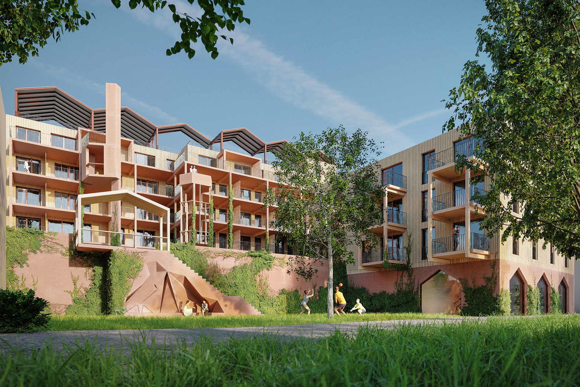 Rote Emma&nbsp;Eine freundliche Wohnburg aus Holz planen Gerner Gerner Plus und AWG Architekten in Wien. Die Fassade und das Dach sind für groß angelegte Gärtnereien ausgelegt. Die Fertigstellung ist für 2024 geplant.&nbsp;gernergernerplus.com awg.at