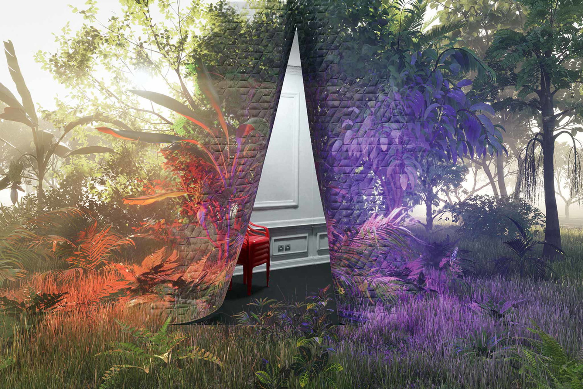 Alles im Wonderland&nbsp;Die von Space Popular entworfenen Vorhänge »Threaded Thresholds« führen von einer digitalen Welt in die nächste.&nbsp;spacepopular.com