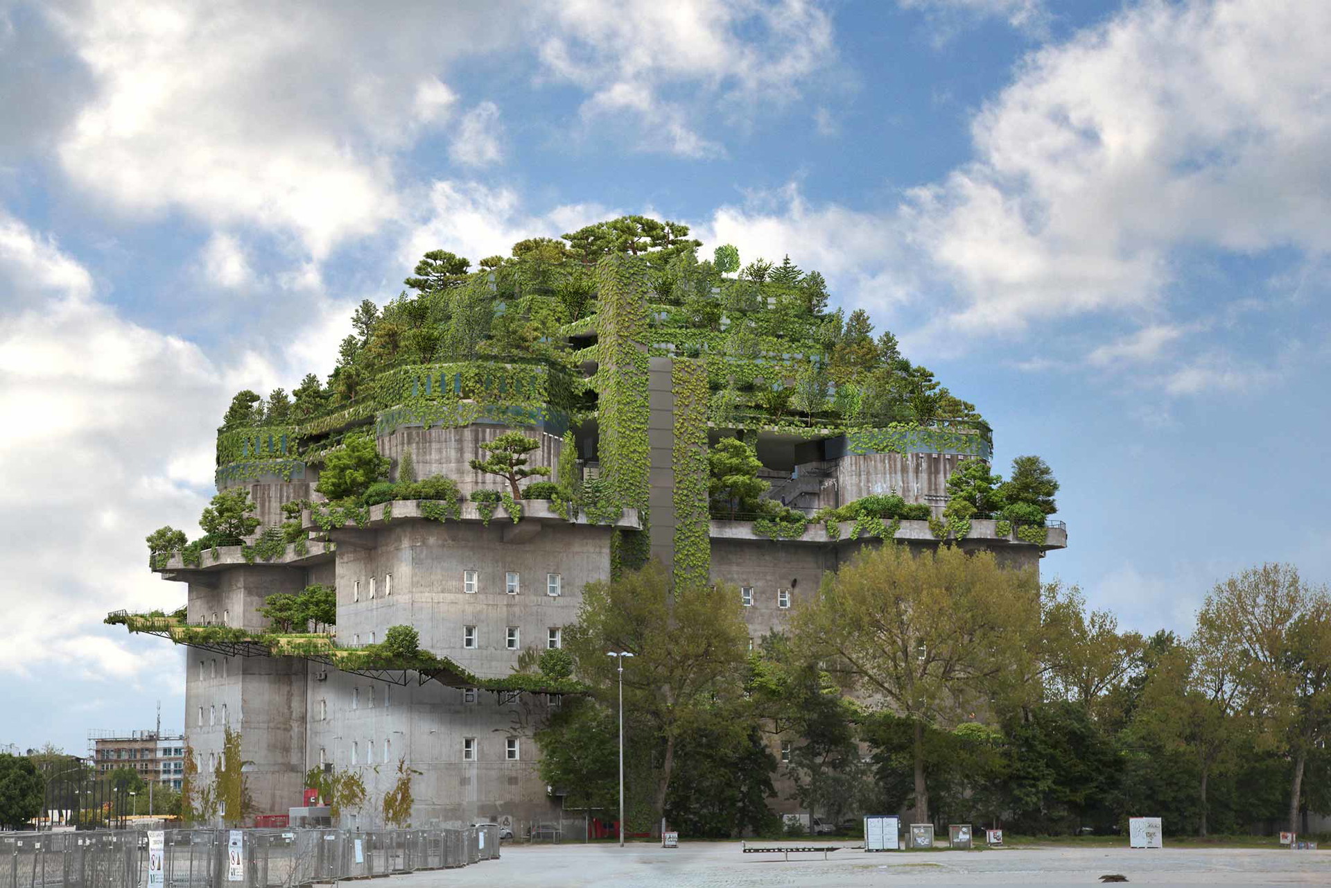 Grüner Bunker Ein düsterer Betonklumpenwird zum freundlichen Wald:&nbsp;Der Hochbunker St.&nbsp;Pauli in Hamburg bekommt nicht nur einen Wald aufgesetzt, sondern auch einen Bergpfad, auf dem man ins Grün hinaufklettern kann. bunker-stpauli.de