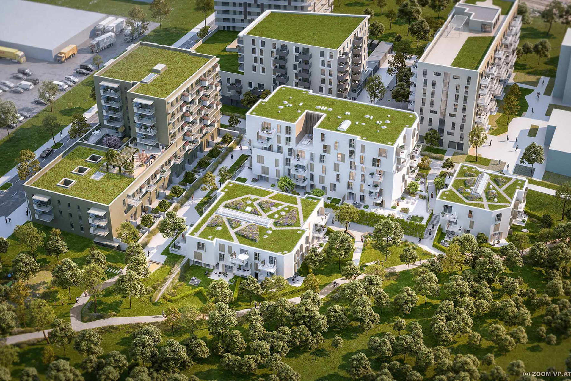 Siemensäcker, Wien 21&nbsp;Das Gesamtprojekt ist Resultat des 2014 ausgeschriebenen EUROPAN-12-Wettbewerbs. Die slowakischen SLLA Architects haben vorgeschlagen, das 8,5&nbsp;Hektar große Gebiet, auf dem sich einst bewirtschaftete Ackerflächen sowie die Kfz-Werkstätten von Siemens befunden hatten, mit rund 1.200&nbsp;Wohnungen zu bebauen und das gesamte Gebiet zu einem öffentlichen Park zu verweben. Entwickelt wird »Am Park« als Kooperationsprojekt von ARE, EGW, Schwarzatal und Sozialbau.&nbsp;ampark.wien, slla.net, are.at, egw.at, schwarzatal.at, sozialbau.at