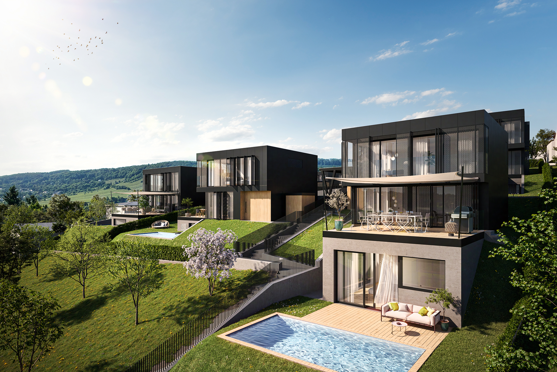 The Unique, Wien 19 Kaum zu glauben, aber hinter dem Projekt mit dem einzigartigen Namen verbirgt sich eine Widmung für ganzjähriges Kleingartenwohnen. Absolut nicht mickrig ist der hier gebotene Luxus mit 130&nbsp;Quadratmetern Wohnfläche, Saunalandschaft und eigenem Swimmingpool. Jedes Haus verfügt über Terrasse und Balkon, bei Bedarf kann die Glasfassade auf Knopfdruck elektrisch verschattet werden. Die Eigengärten haben zwischen 190 und 400&nbsp;Quadratmeter, die Preise variieren je nach Lage und Grundstücksgröße zwischen 1,1 und 1,8&nbsp;Millionen Euro. Soeben war Baubeginn. Geplante Fertigstellung ist Herbst 2023. Für 14 der insgesamt 17 Villen liegen nach Auskunft des Immobilienentwicklers 3SI bereits Anbote vor. the-unique.at, 3si.at, formarchitektur.com