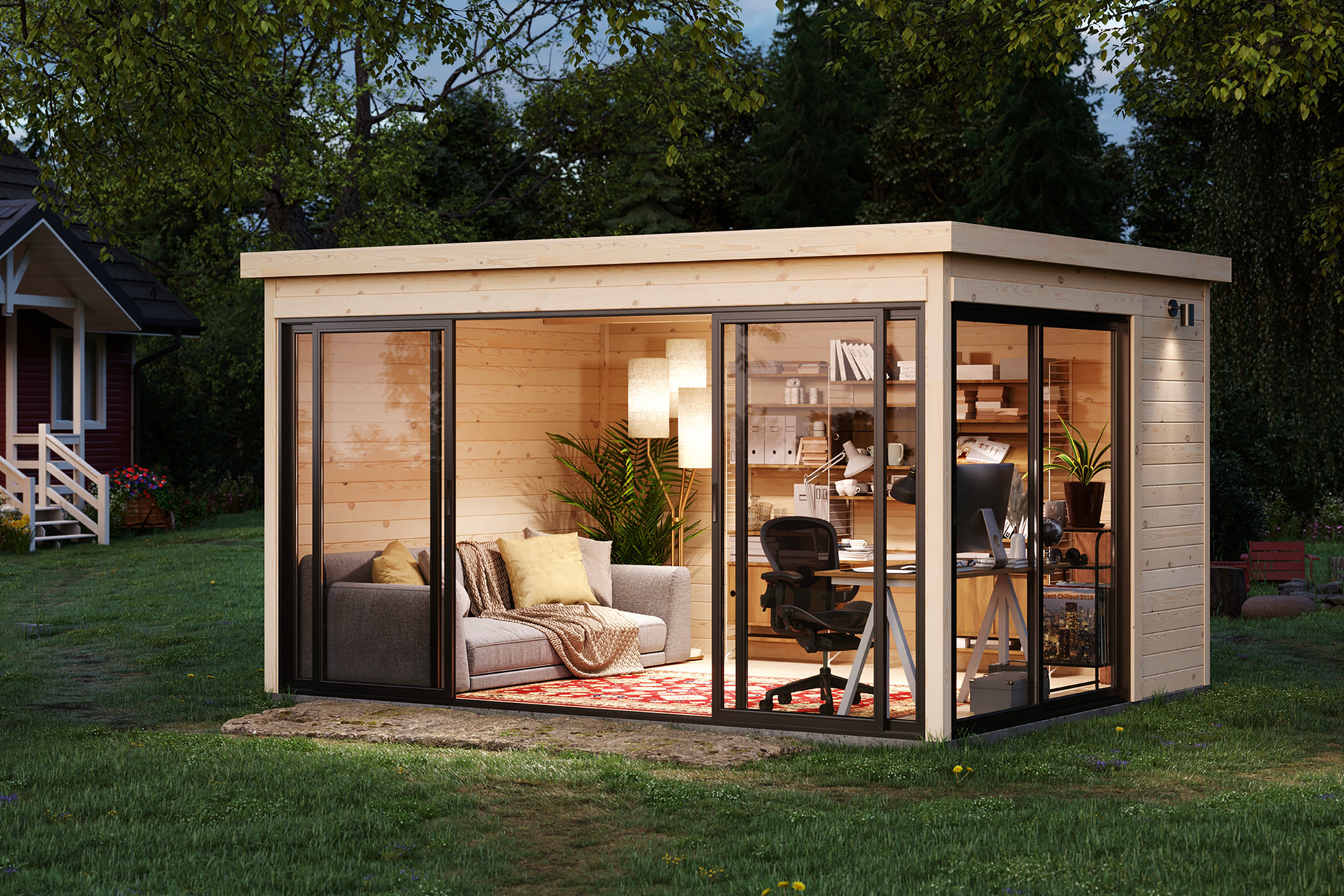 DIY-Kits&nbsp;Homeoffice im Garten zum Selbstzusammenbauen. Das Material: Massivholz aus -langsam wachsender Fichte.&nbsp;polhus.at