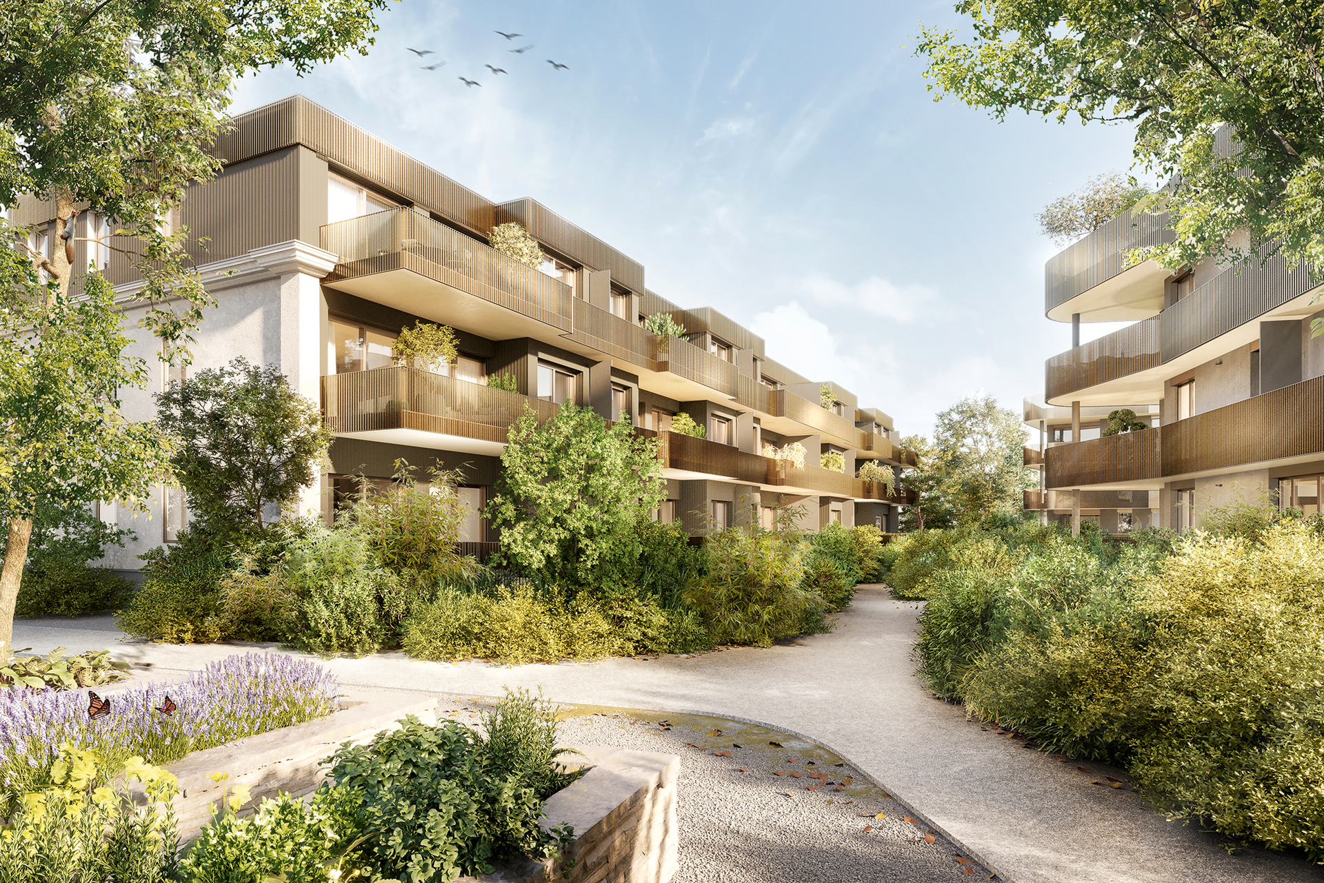 Floriette, Wien 13 Private Park Living: Nichts anderes verspricht dieses Wohnprojekt des Grazer Immobilienentwicklers Trivalue in der Nähe der Wiener Gloriette. Geplant ist ein 12.000&nbsp;Quadratmeter großer Garten mit teilweisem Altbestand, der mit 105 neuen Bäumen und einem ziemlich üppigen Gräser- und Staudenspektrum bepflanzt werden soll. Die Freiraumplanung stammt von Kieran Fraser Landscape Design, für die Architektur zeichnen Dietrich Untertrifaller verantwortlich. Neben dem revitalisierten Altbau werden drei Stadtvillen neu errichtet. Insgesamt umfasst das -Projekt 63 Wohnungen mit zwei bis fünf Zimmern und mit 45 bis 150&nbsp;Quadratmetern Wohnfläche. Raumhöhen bis 3,6&nbsp;Meter. Die Preise starten bei 399.000 Euro.&nbsp;floriette.at, trivalue.com, dietrich.untertrifaller.com, kieranfraser.com