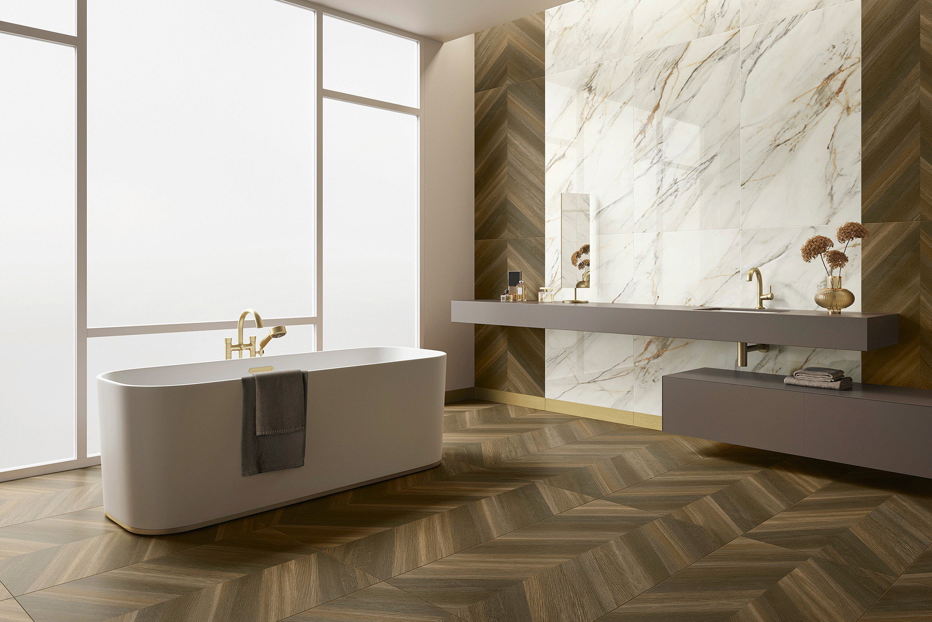 Warme Farben&nbsp;Raffiniertes Marmor- und Holzdesign in Keramik lässt das Bad wie ein edles Wohnzimmer erscheinen. villeroy-boch.at
